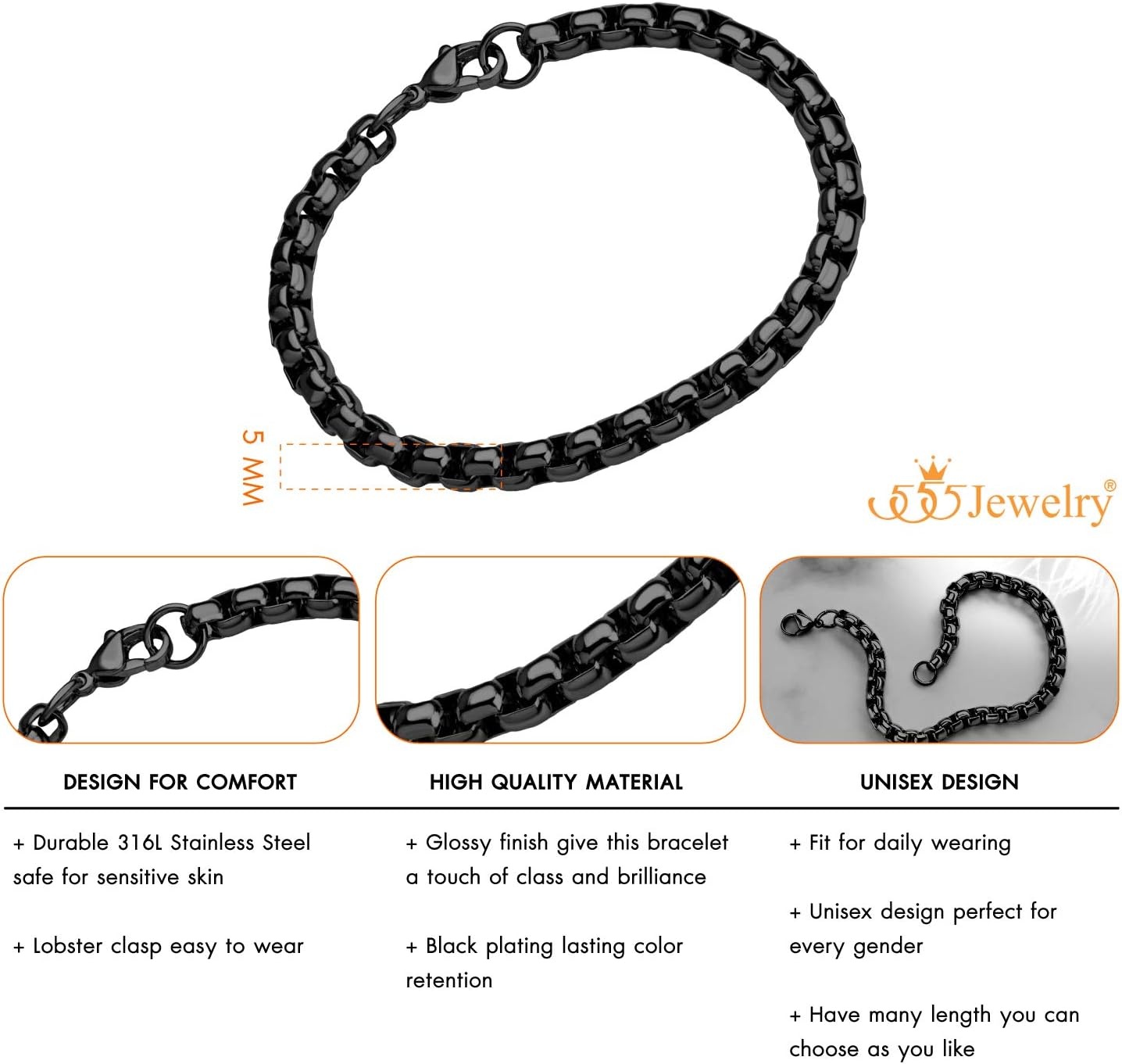 image:image555Jewelry 5mm Stainless Steel Box Chain Bracelet for Men amp Women 65 to 9 InchBlack