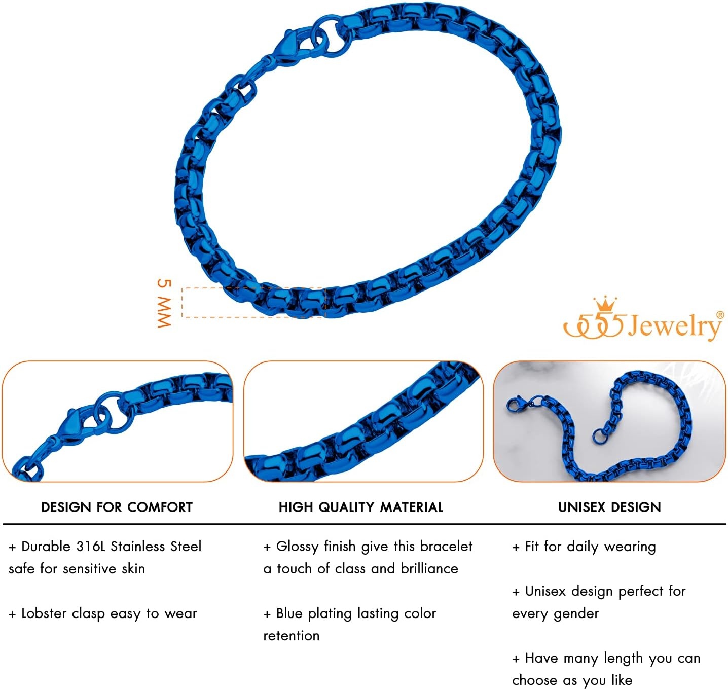 image:image555Jewelry 5mm Stainless Steel Box Chain Bracelet for Men amp Women 65 to 9 InchBlue