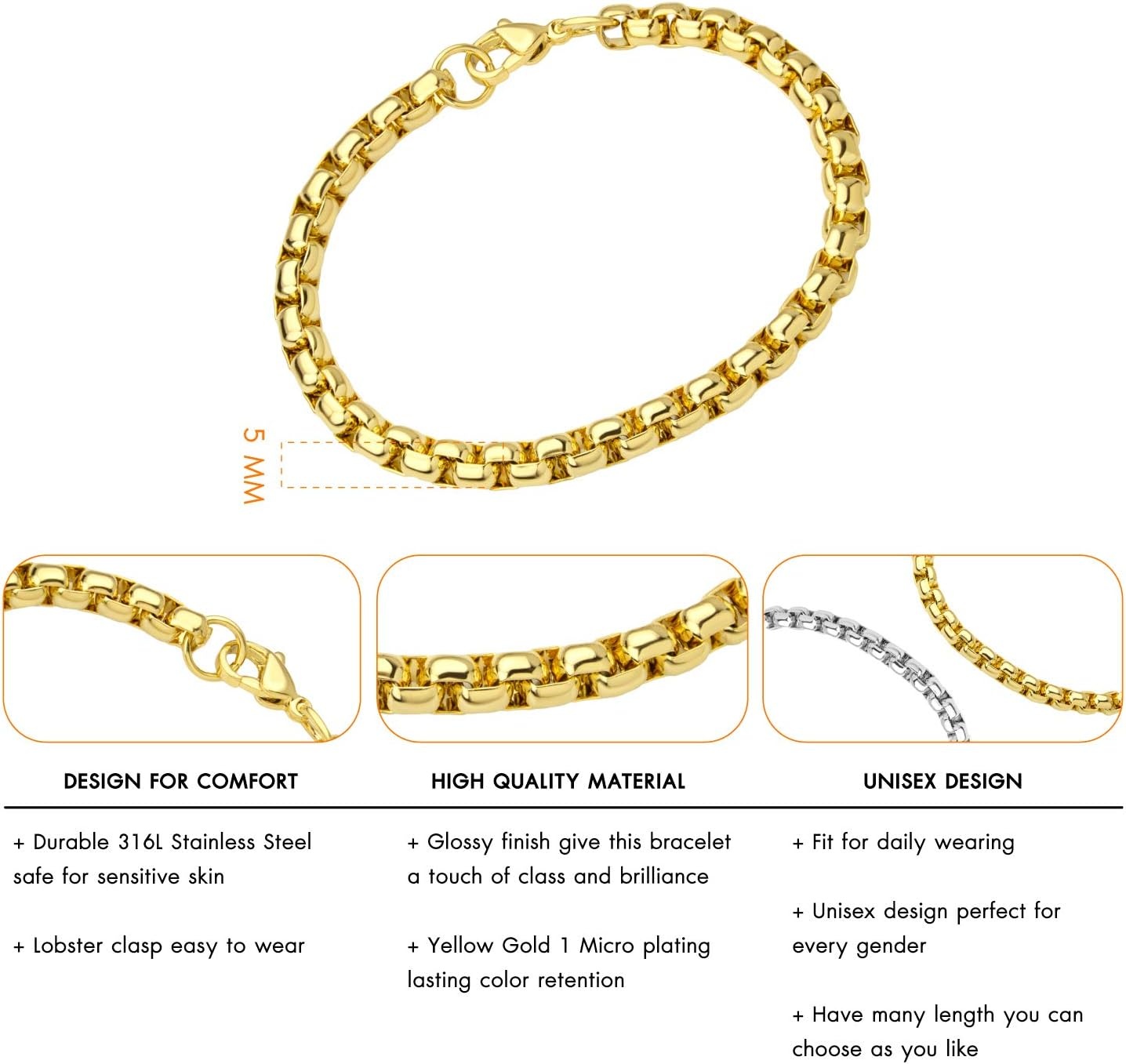 image:image555Jewelry 5mm Stainless Steel Box Chain Bracelet for Men amp Women 65 to 9 InchGold