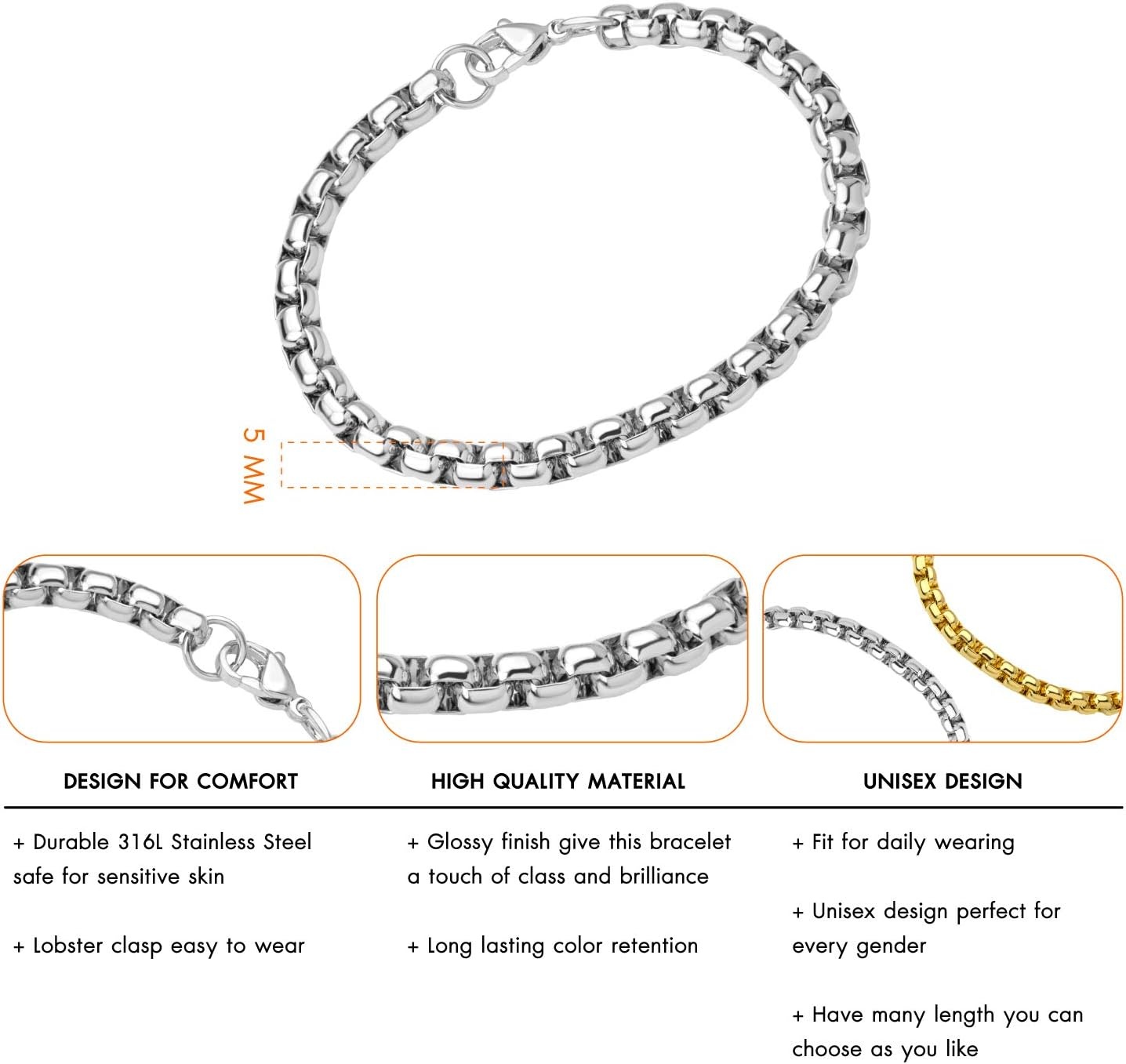 image:image555Jewelry 5mm Stainless Steel Box Chain Bracelet for Men amp Women 65 to 9 InchSilver