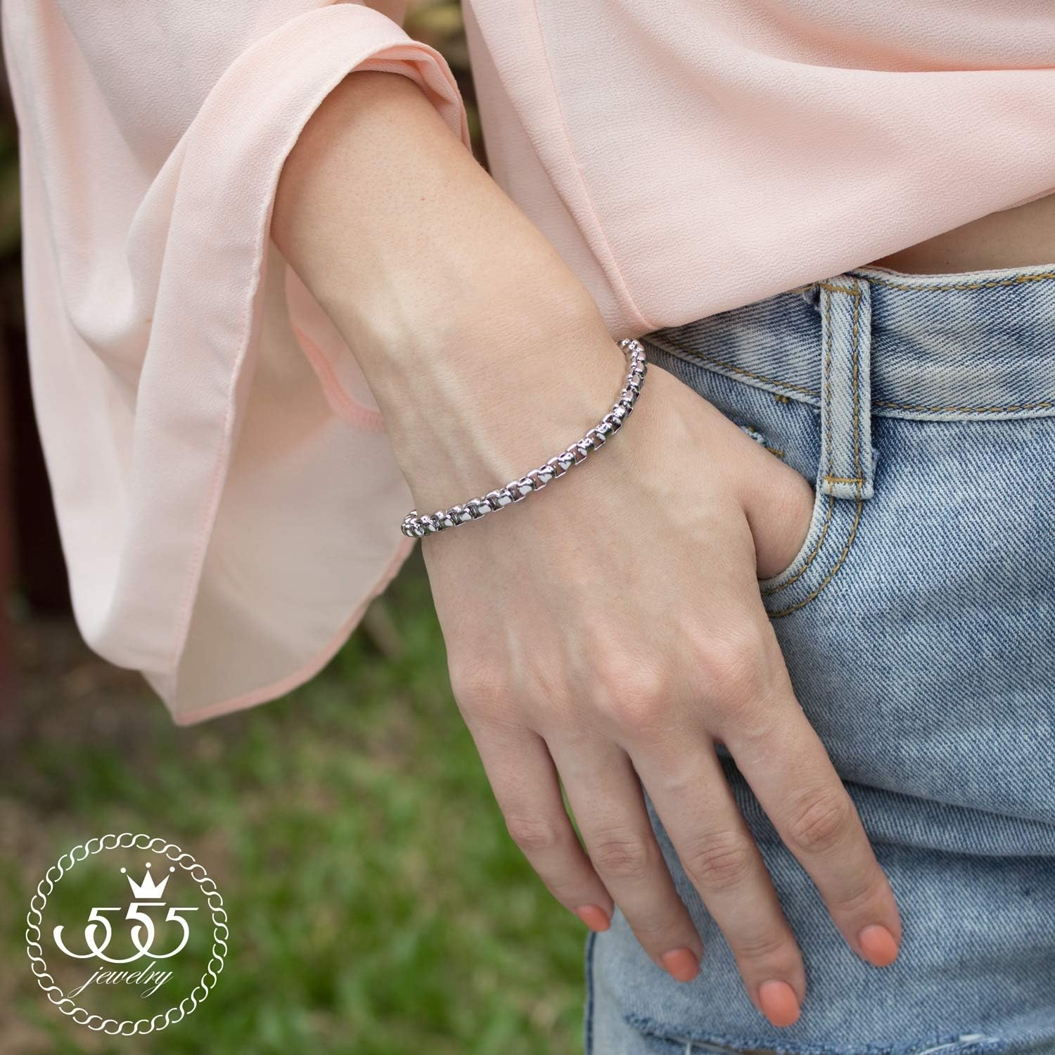 image:image555Jewelry 5mm Stainless Steel Box Chain Bracelet for Men amp Women 65 to 9 InchSilver