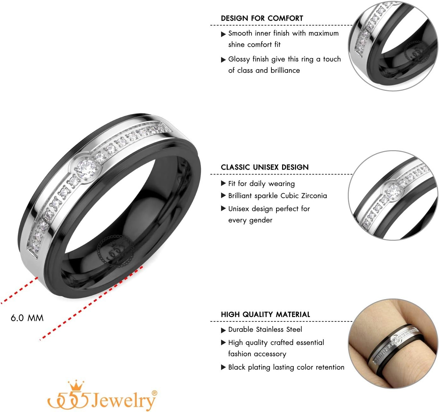 image:image555Jewelry 6mm Stainless Steel Sparkly Cubic Zirconia Wedding Band Ring for Women amp MenSilver Black