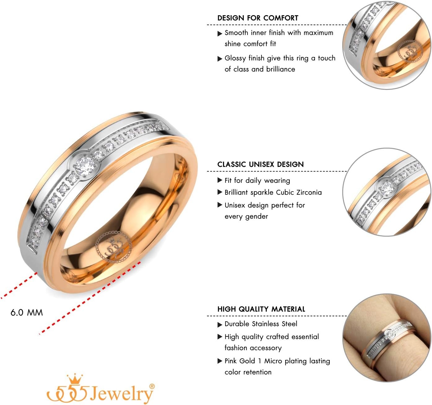 image:image555Jewelry 6mm Stainless Steel Sparkly Cubic Zirconia Wedding Band Ring for Women amp MenSilver Rose Gold
