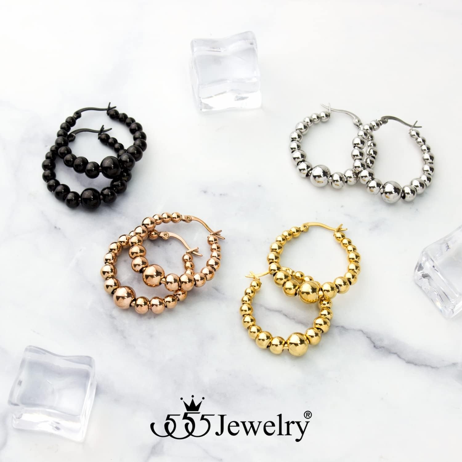 image:image555Jewelry Hypoallergenic Large Stainless Steel Beaded Hoop Earrings for WomenBlack