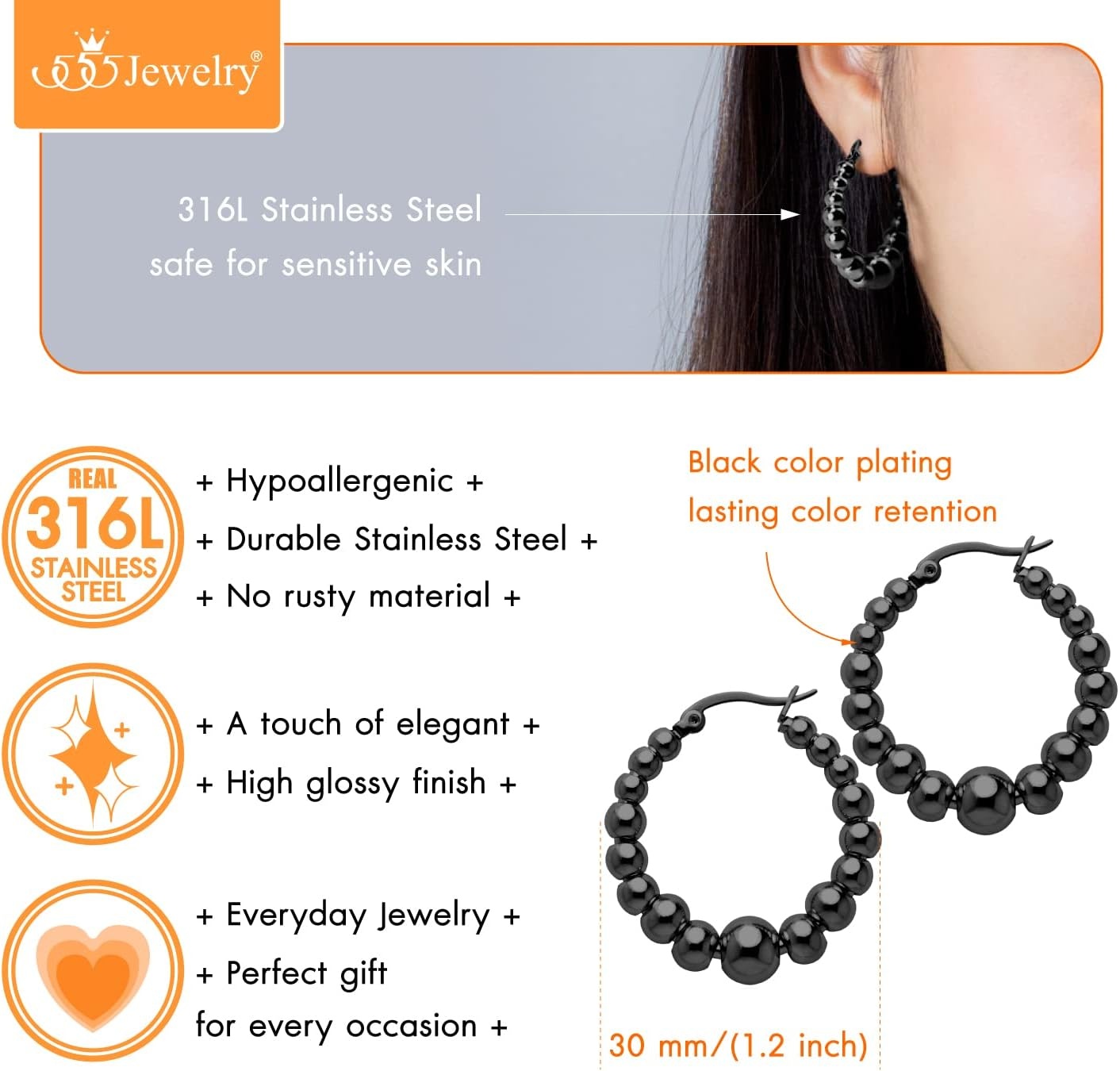 image:image555Jewelry Hypoallergenic Large Stainless Steel Beaded Hoop Earrings for WomenBlack