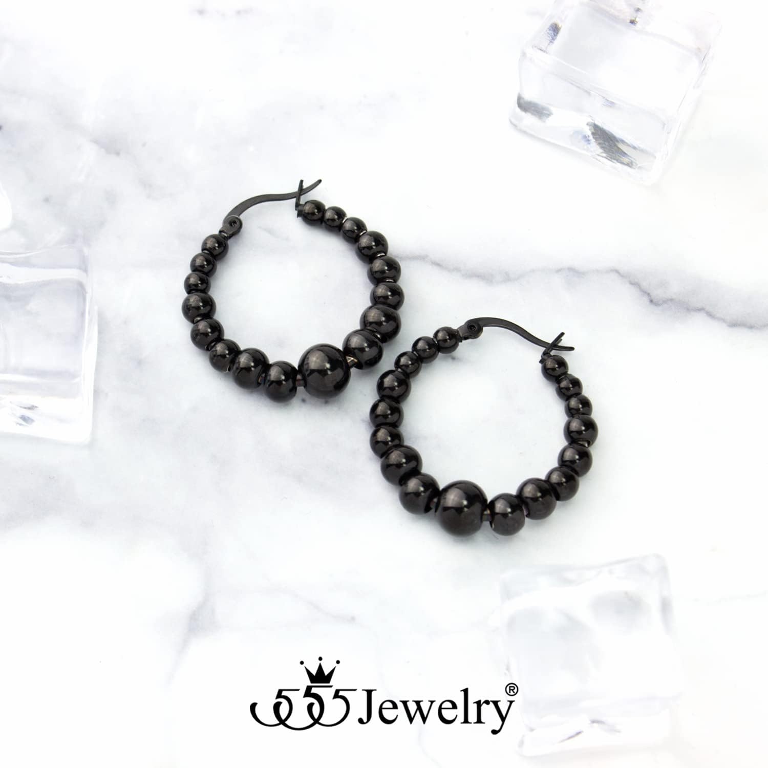 image:image555Jewelry Hypoallergenic Large Stainless Steel Beaded Hoop Earrings for WomenBlack