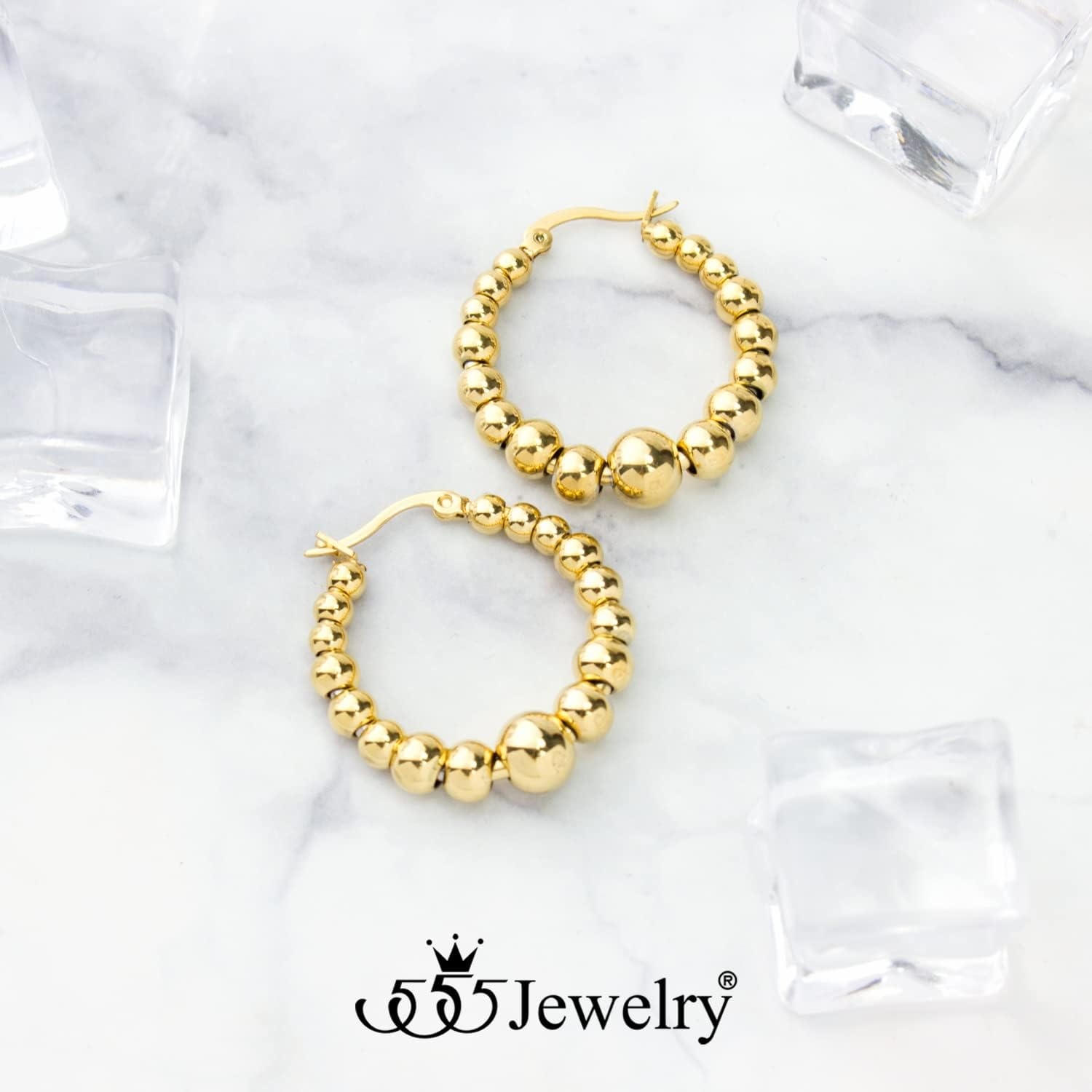 image:image555Jewelry Hypoallergenic Large Stainless Steel Beaded Hoop Earrings for WomenGold