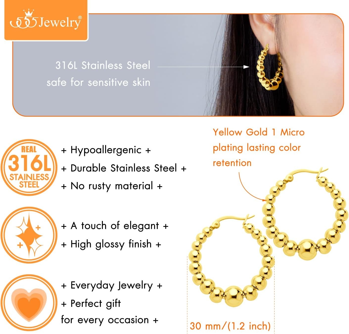 image:image555Jewelry Hypoallergenic Large Stainless Steel Beaded Hoop Earrings for WomenGold