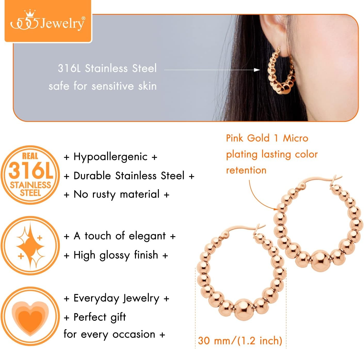 image:image555Jewelry Hypoallergenic Large Stainless Steel Beaded Hoop Earrings for WomenRose Gold