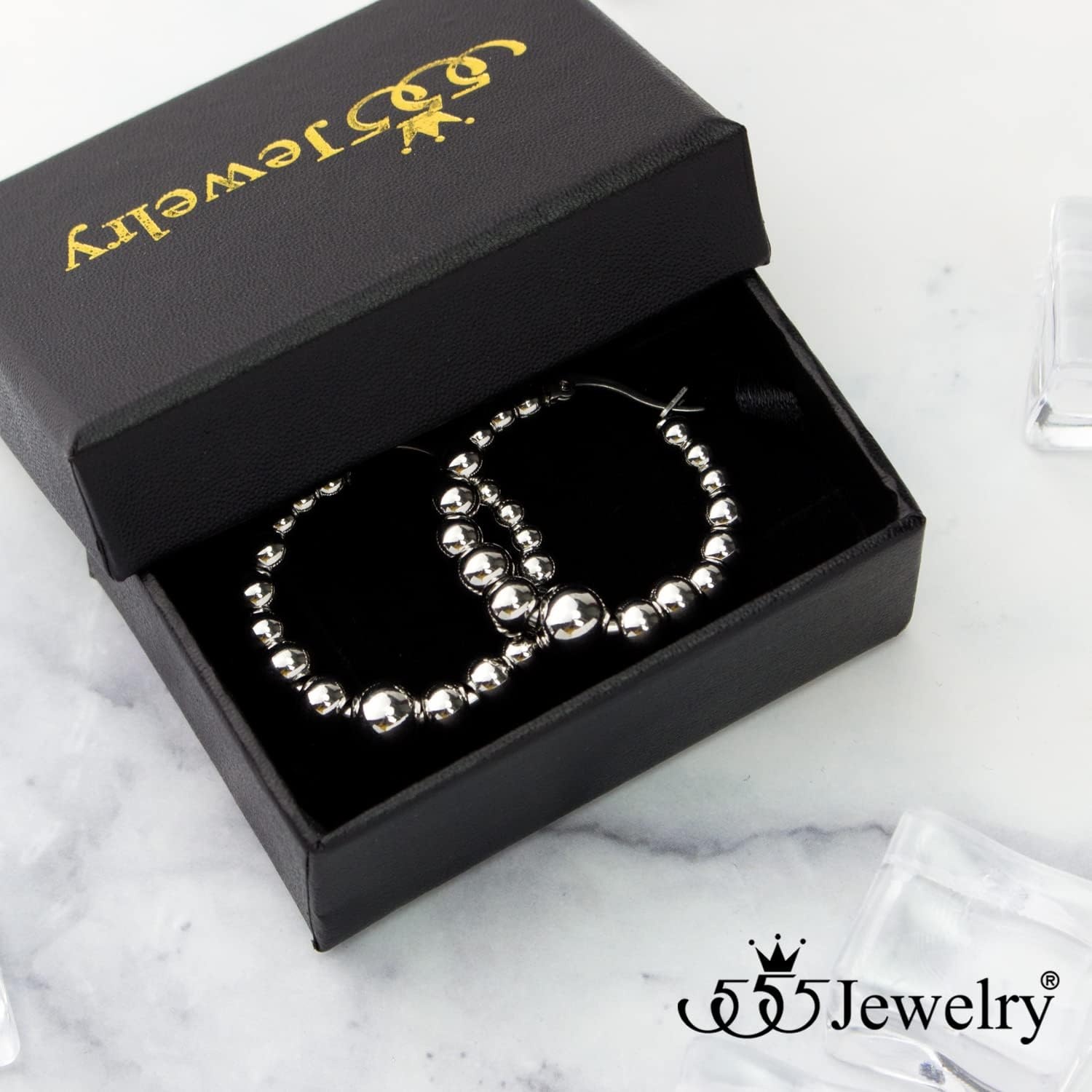 image:image555Jewelry Hypoallergenic Large Stainless Steel Beaded Hoop Earrings for WomenSilver