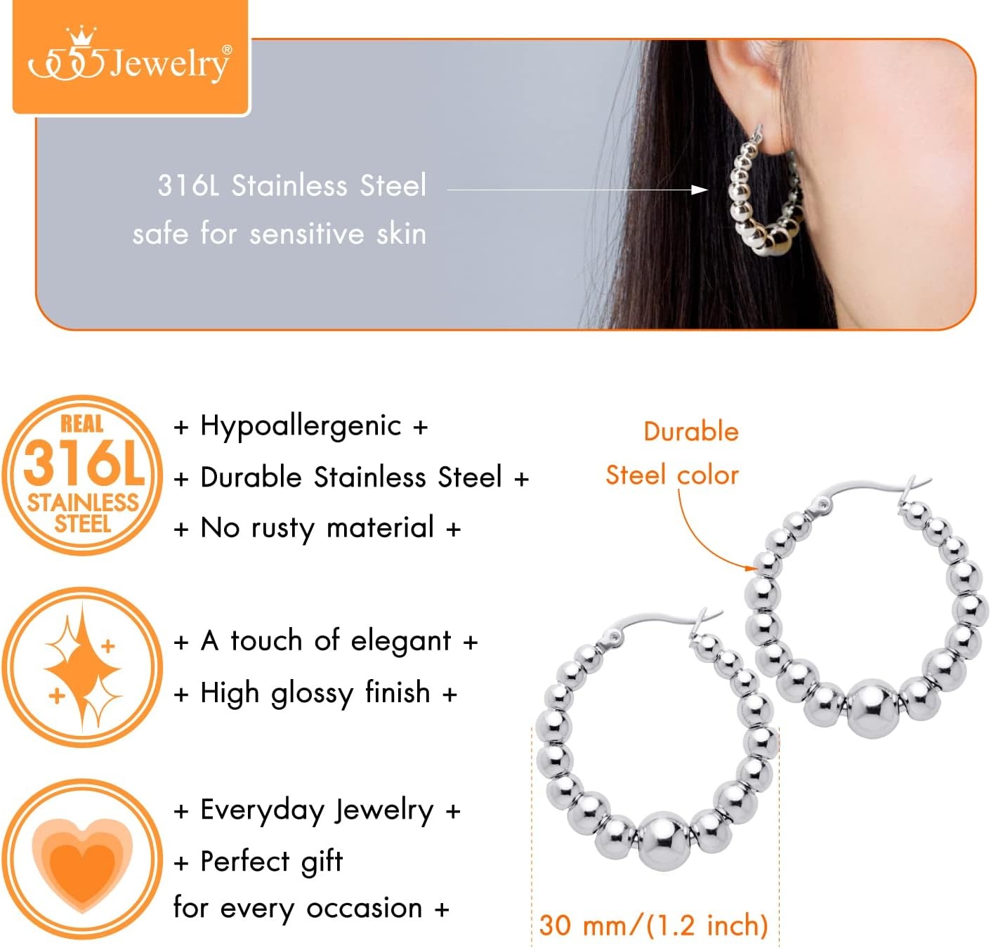 image:image555Jewelry Hypoallergenic Large Stainless Steel Beaded Hoop Earrings for WomenSilver