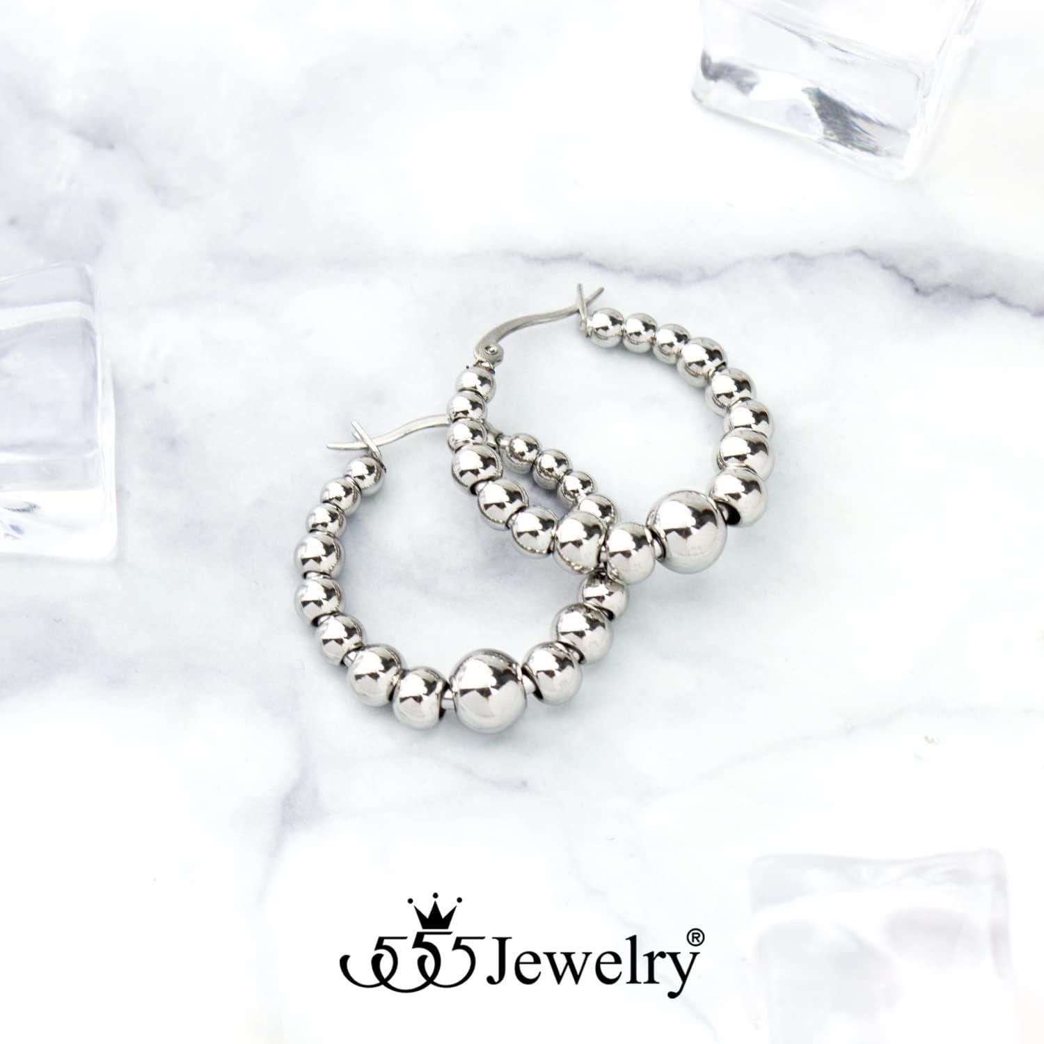 image:image555Jewelry Hypoallergenic Large Stainless Steel Beaded Hoop Earrings for WomenSilver