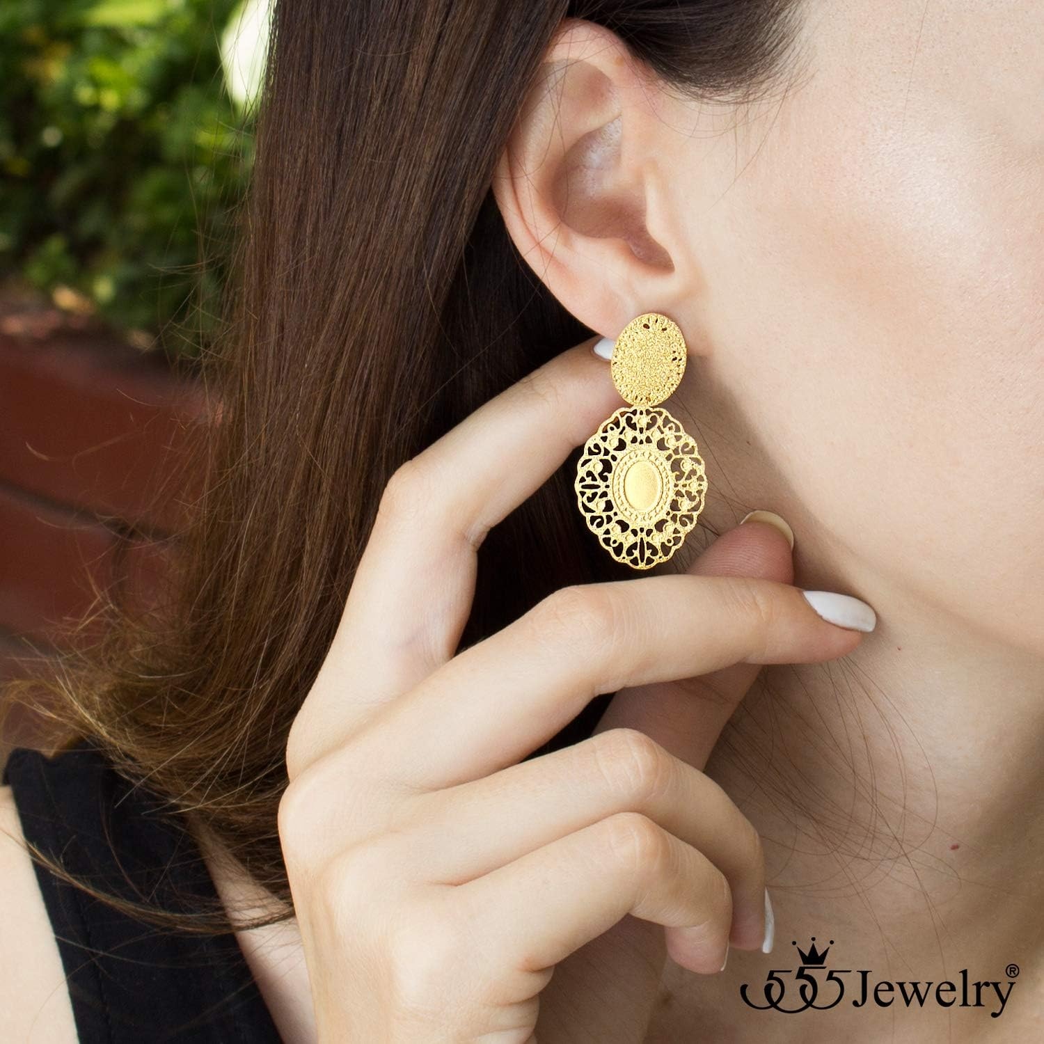 image:image555Jewelry Hypoallergenic Stainless Steel Oval Drop Dangle Filigree Earrings for WomenGold