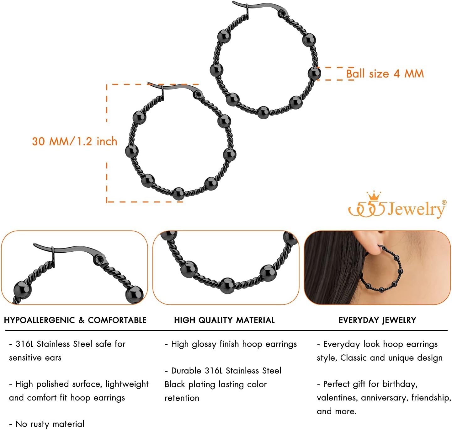 image:image555Jewelry Medium Twisted Wire Round Woven Stainless Steel Hoop Earrings for WomenBlack