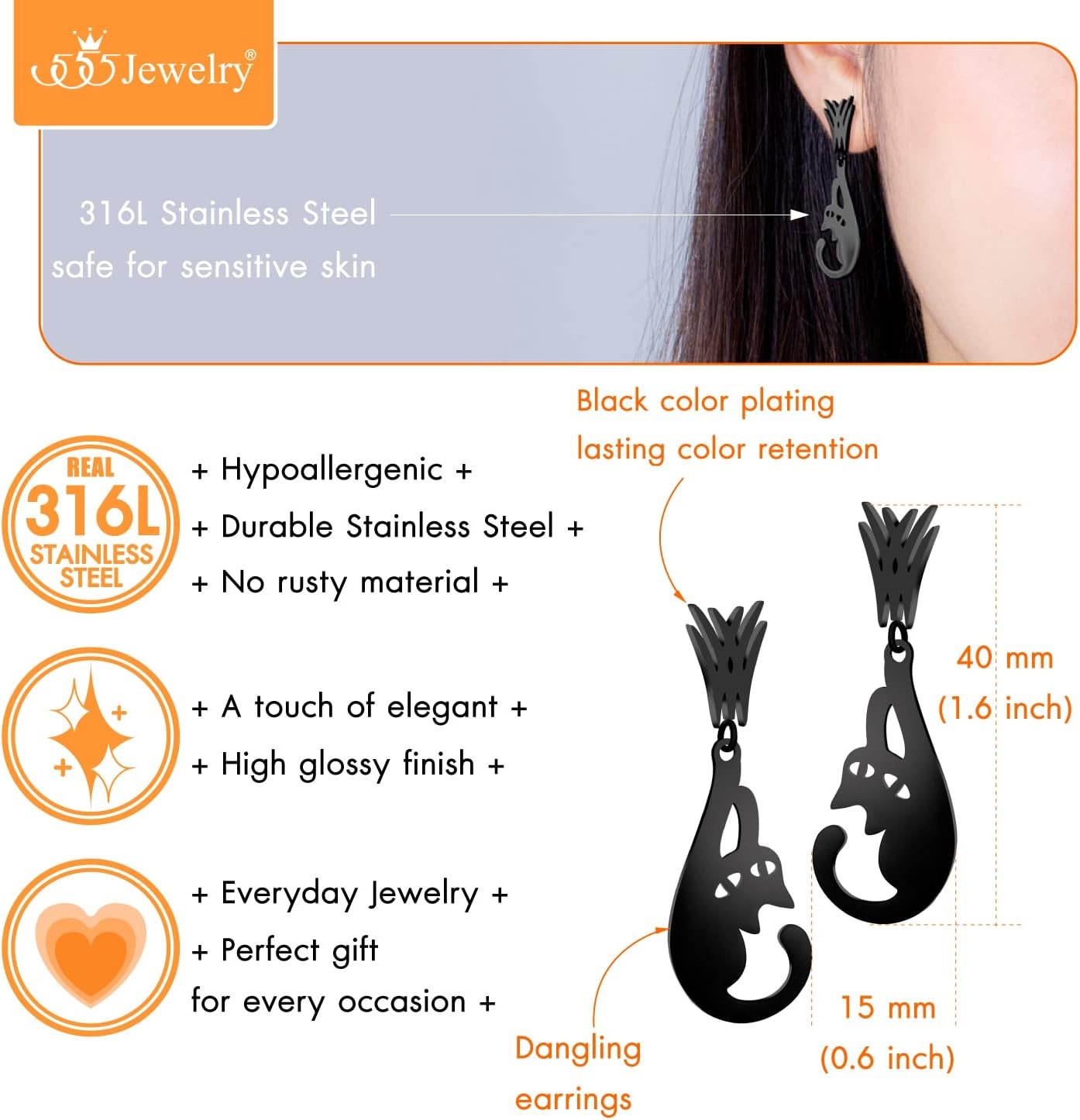 image:image555Jewelry Stainless Steel Cute Hanging Cat Earrings Dangling Drop Cat Jewelry for WomenBlack Style 1