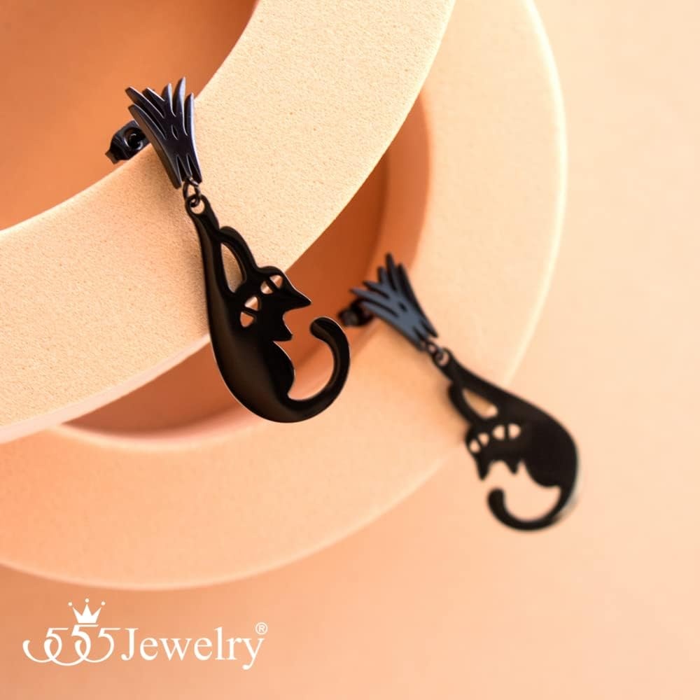 image:image555Jewelry Stainless Steel Cute Hanging Cat Earrings Dangling Drop Cat Jewelry for WomenBlack Style 1