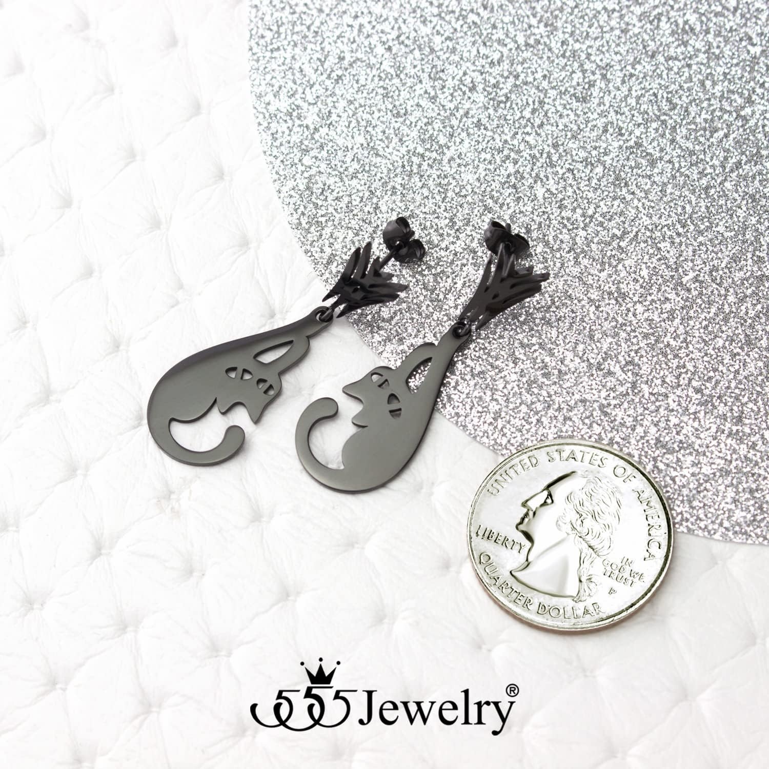image:image555Jewelry Stainless Steel Cute Hanging Cat Earrings Dangling Drop Cat Jewelry for WomenBlack Style 1