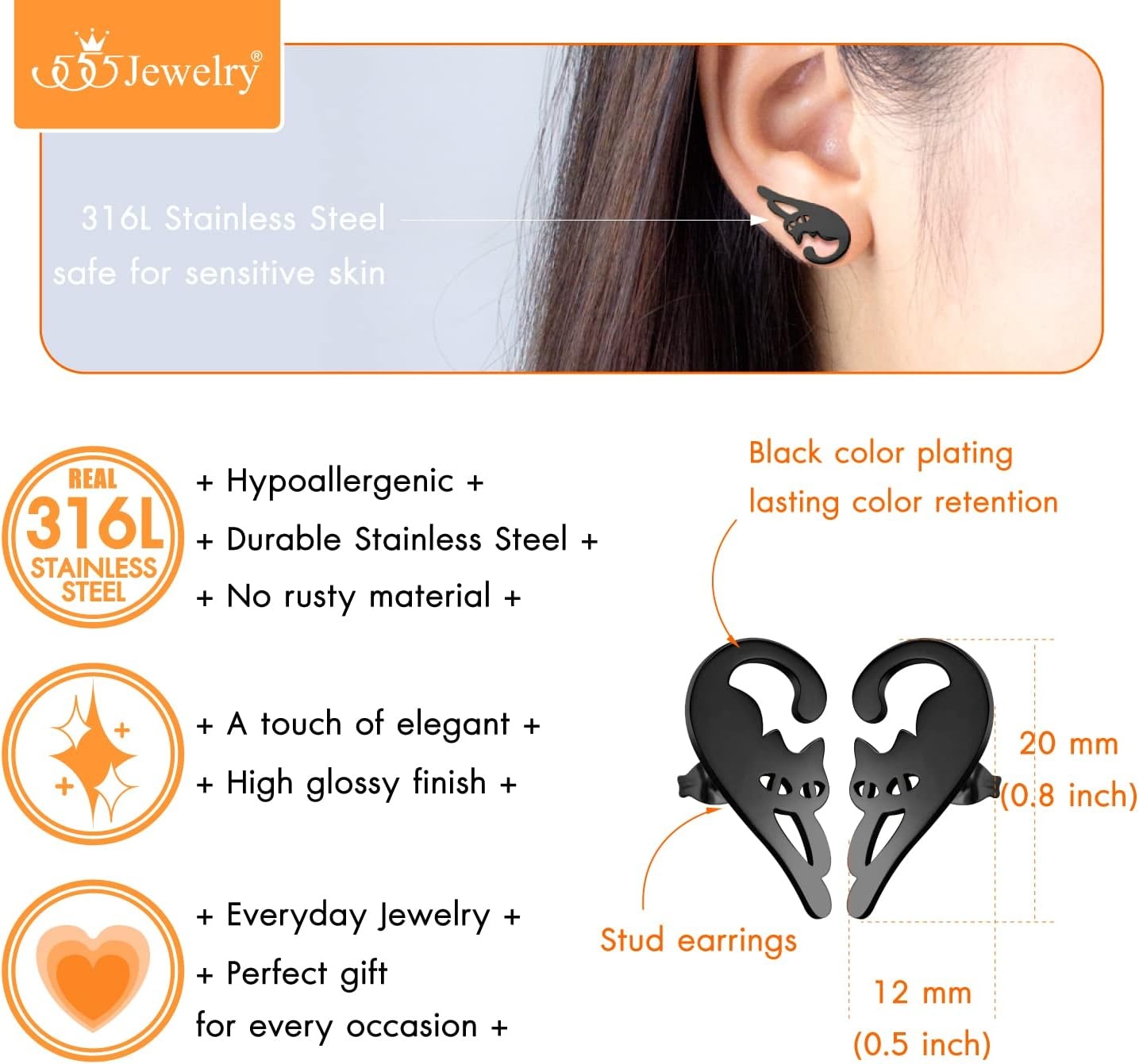 image:image555Jewelry Stainless Steel Cute Hanging Cat Earrings Dangling Drop Cat Jewelry for WomenBlack Style 2