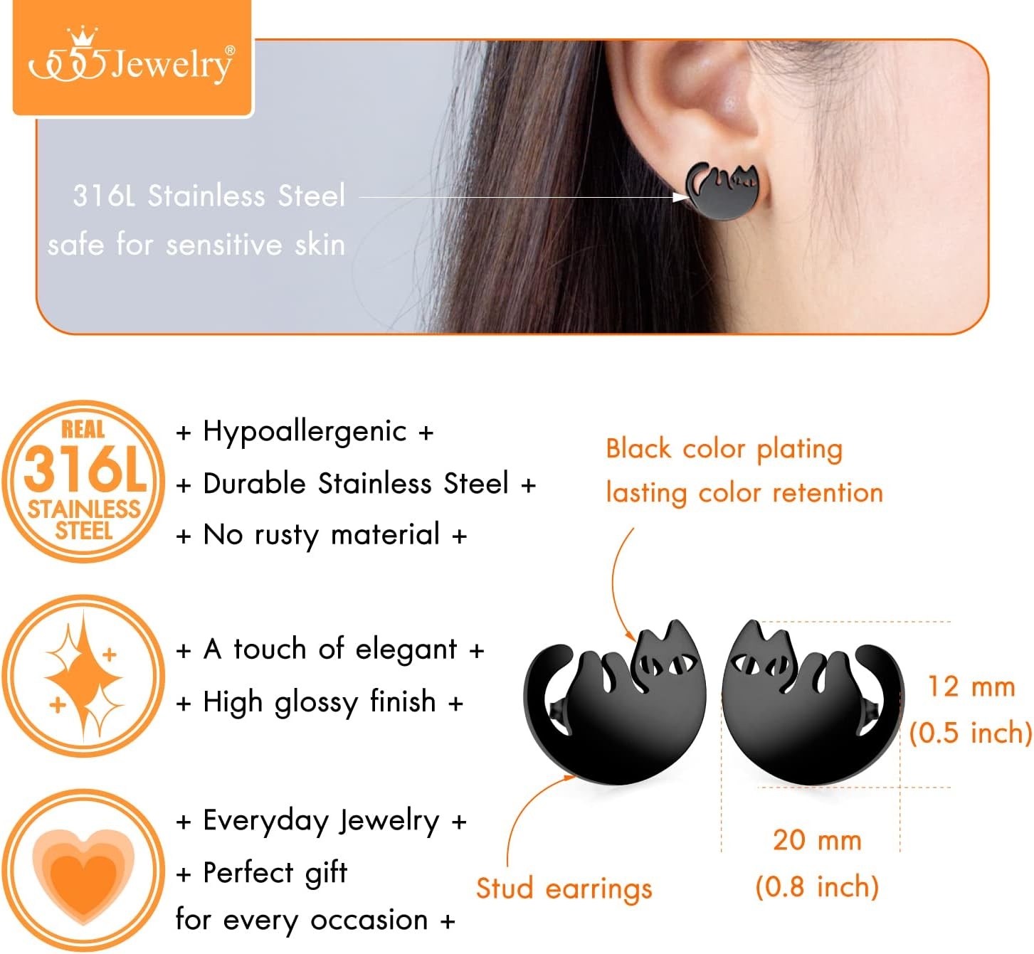 image:image555Jewelry Stainless Steel Cute Hanging Cat Earrings Dangling Drop Cat Jewelry for WomenBlack Style 3