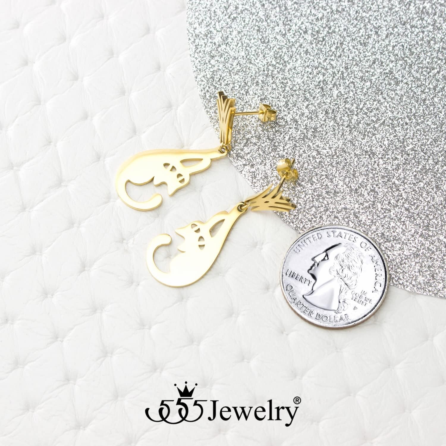 image:image555Jewelry Stainless Steel Cute Hanging Cat Earrings Dangling Drop Cat Jewelry for WomenGold Style 1