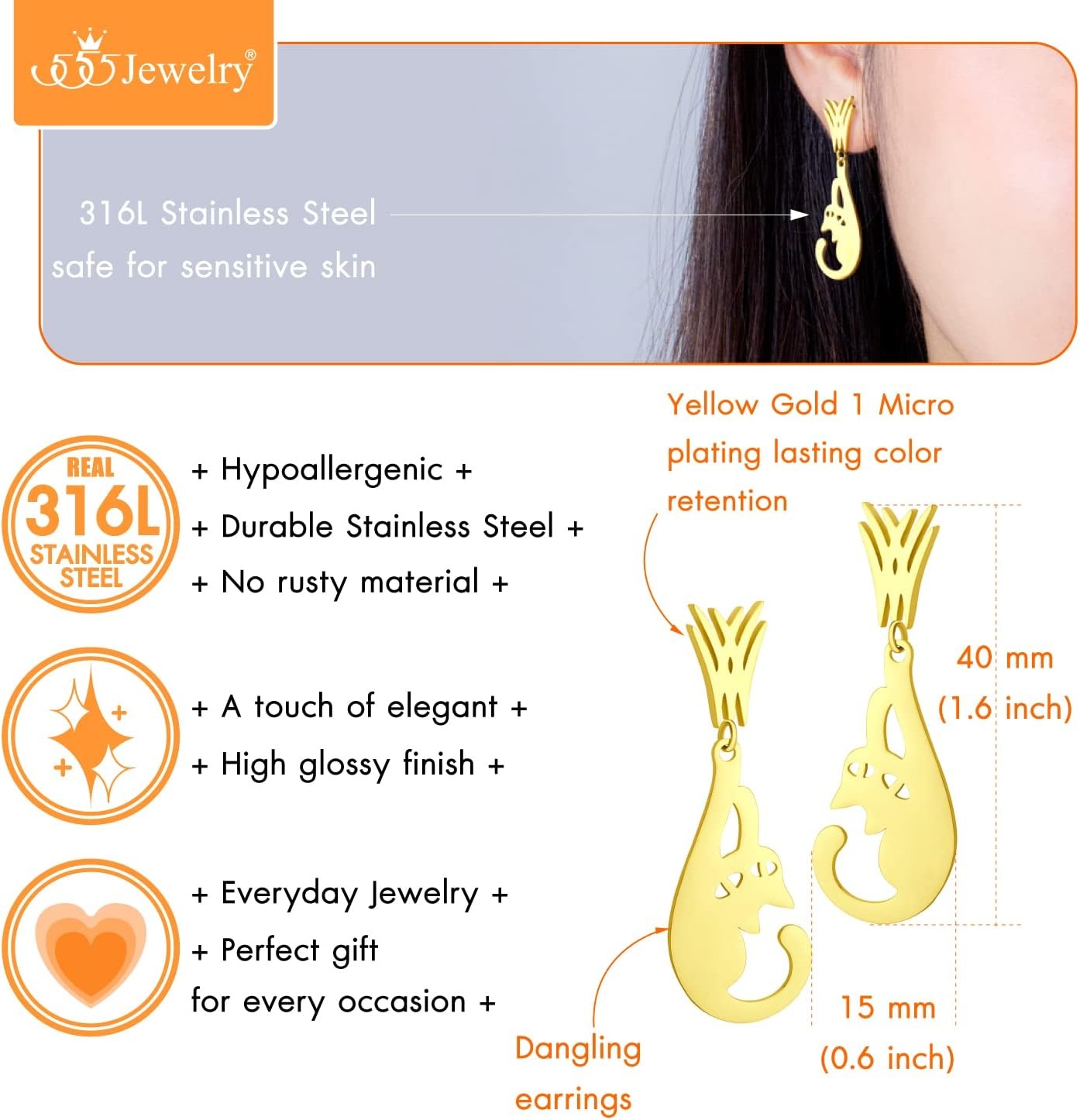 image:image555Jewelry Stainless Steel Cute Hanging Cat Earrings Dangling Drop Cat Jewelry for WomenGold Style 1