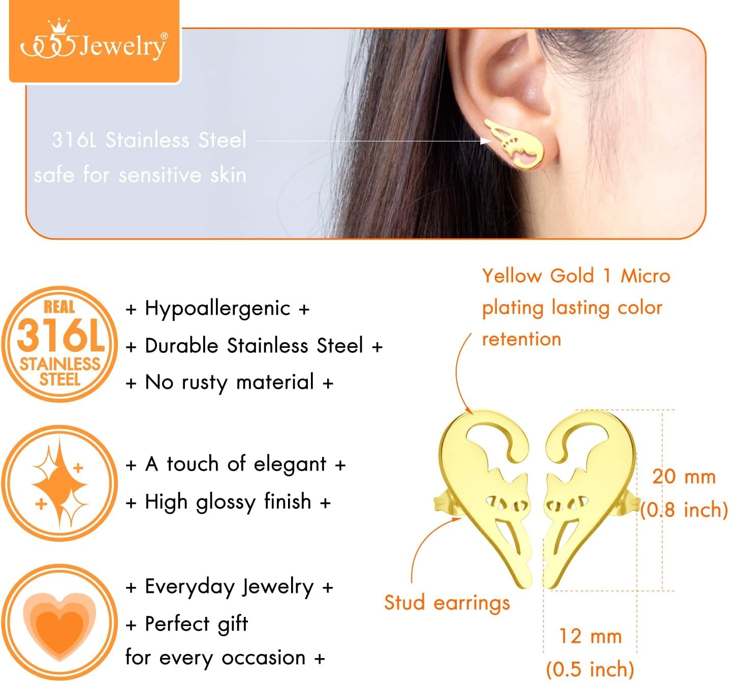 image:image555Jewelry Stainless Steel Cute Hanging Cat Earrings Dangling Drop Cat Jewelry for WomenGold Style 2
