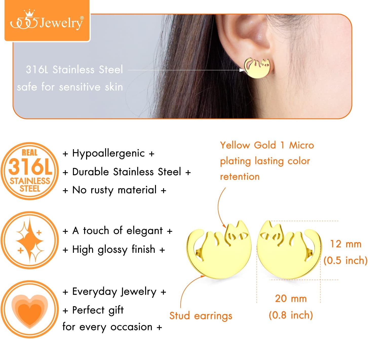 image:image555Jewelry Stainless Steel Cute Hanging Cat Earrings Dangling Drop Cat Jewelry for WomenGold Style 3