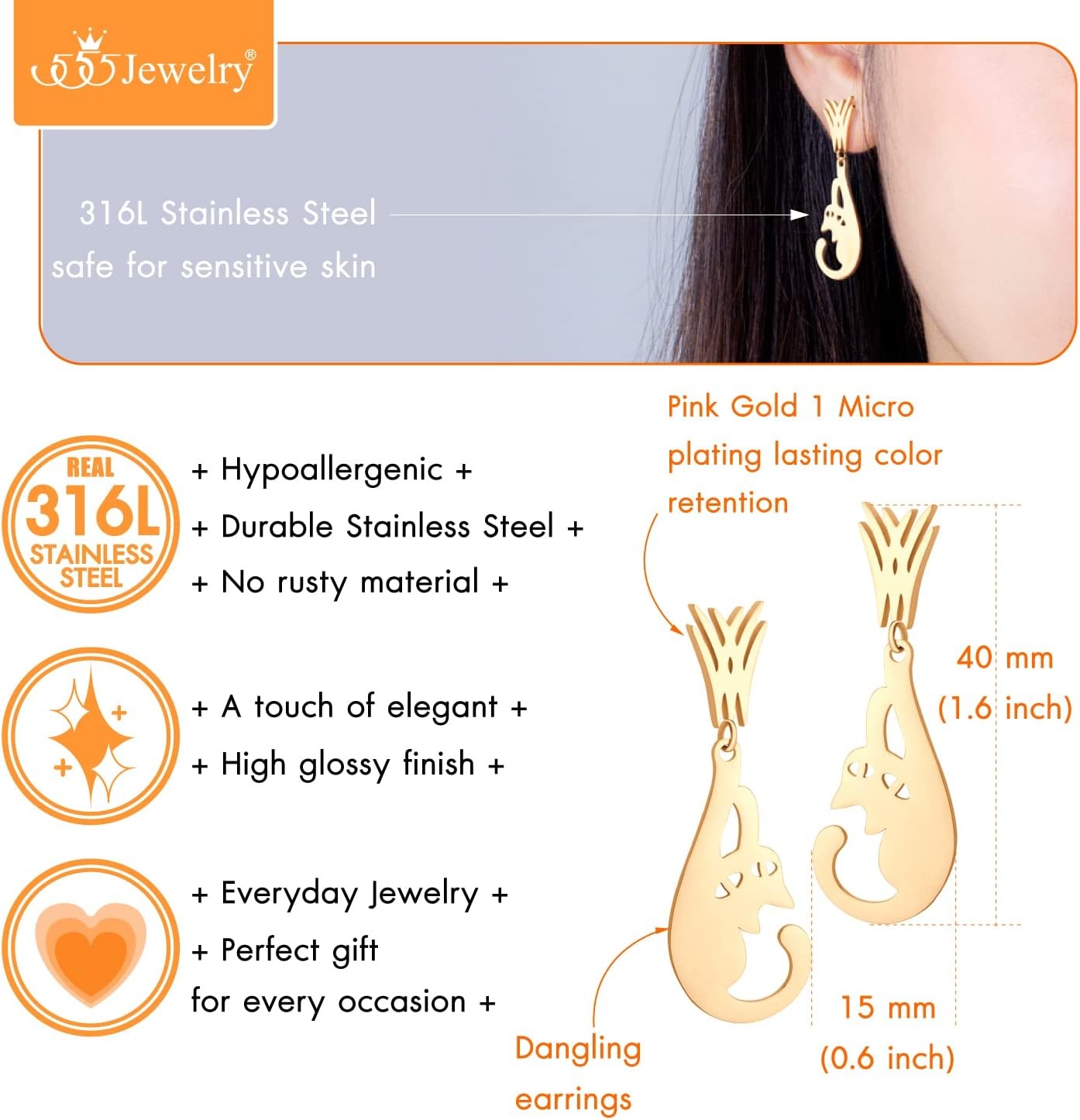 image:image555Jewelry Stainless Steel Cute Hanging Cat Earrings Dangling Drop Cat Jewelry for WomenRose Gold Style 1
