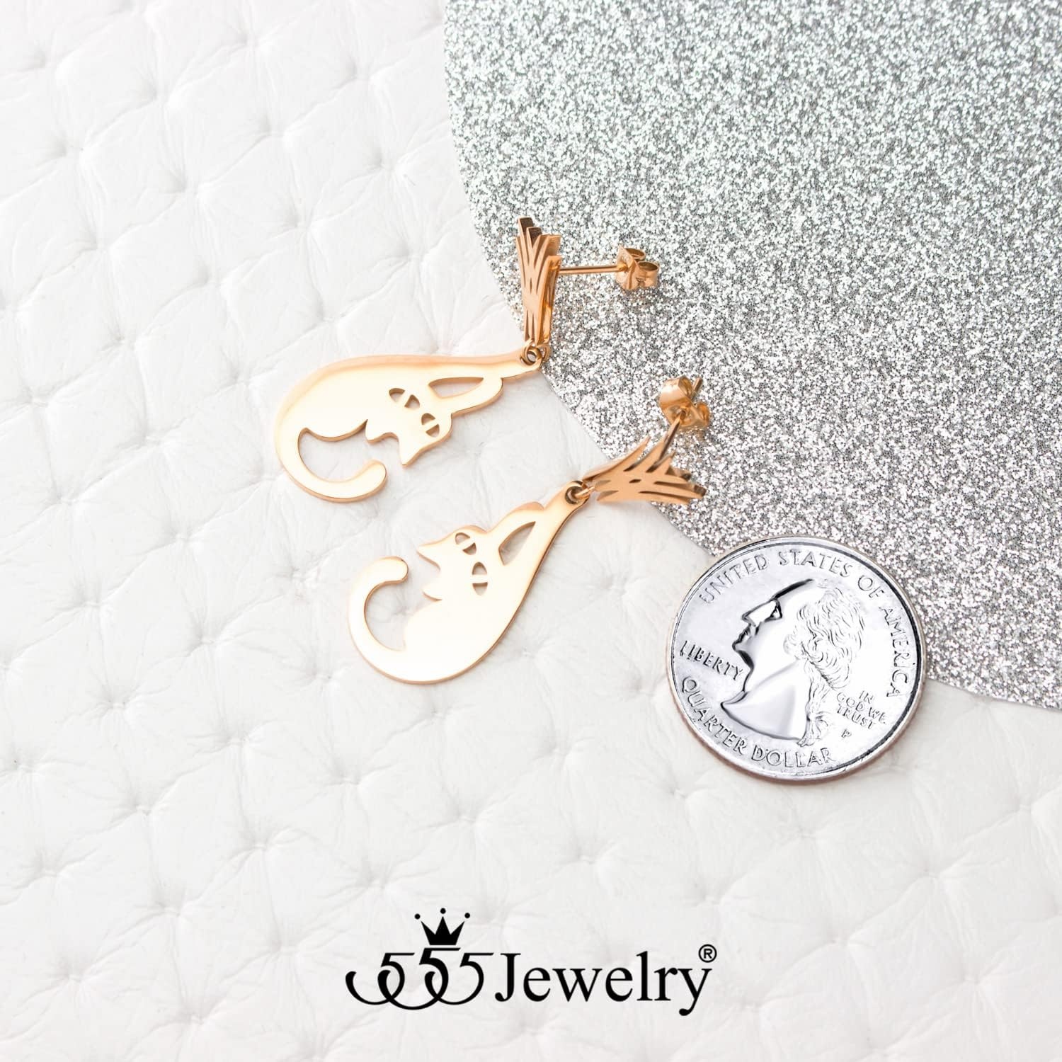 image:image555Jewelry Stainless Steel Cute Hanging Cat Earrings Dangling Drop Cat Jewelry for WomenRose Gold Style 1