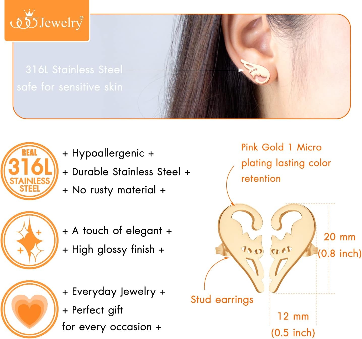 image:image555Jewelry Stainless Steel Cute Hanging Cat Earrings Dangling Drop Cat Jewelry for WomenRose Gold Style 2