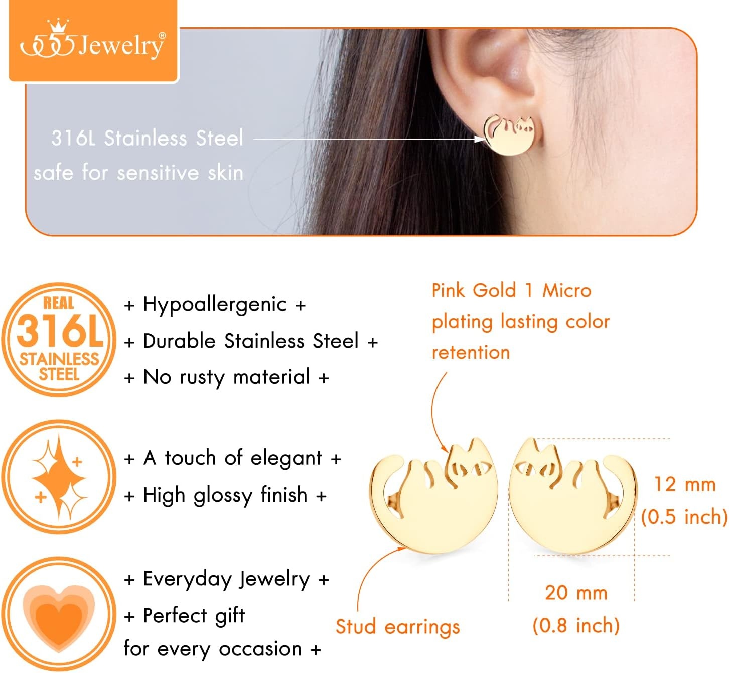 image:image555Jewelry Stainless Steel Cute Hanging Cat Earrings Dangling Drop Cat Jewelry for WomenRose Gold Style 3