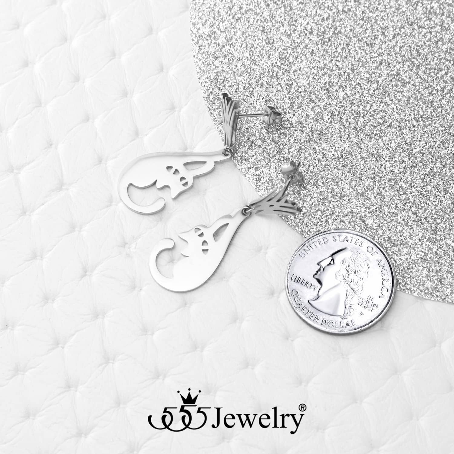 image:image555Jewelry Stainless Steel Cute Hanging Cat Earrings Dangling Drop Cat Jewelry for WomenSilver Style 1
