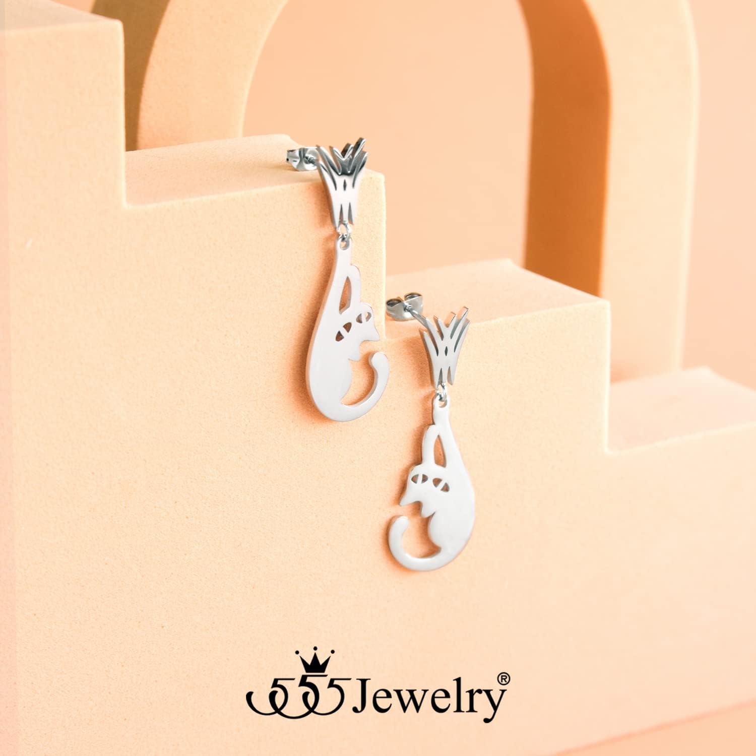 image:image555Jewelry Stainless Steel Cute Hanging Cat Earrings Dangling Drop Cat Jewelry for WomenSilver Style 1