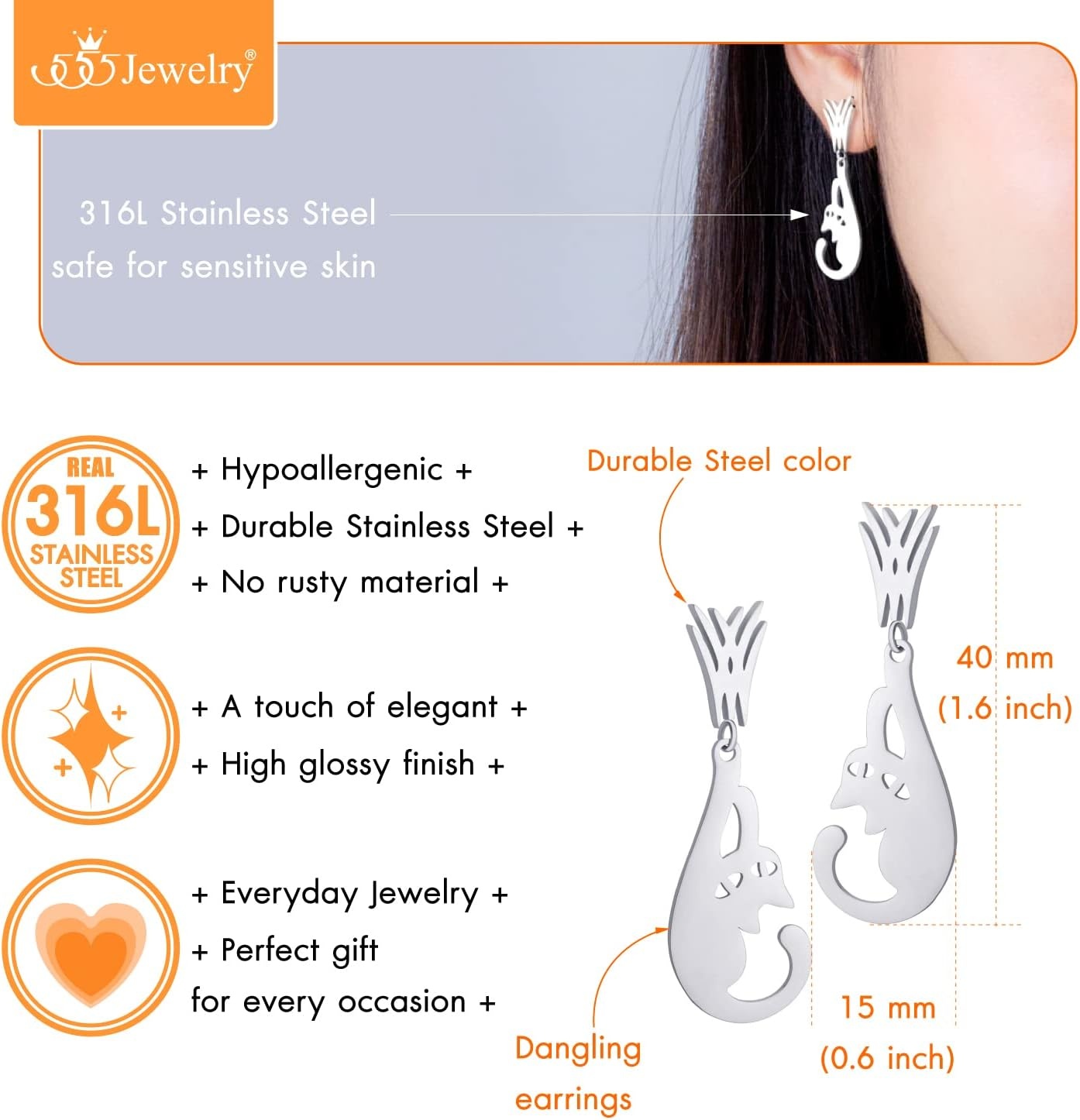 image:image555Jewelry Stainless Steel Cute Hanging Cat Earrings Dangling Drop Cat Jewelry for WomenSilver Style 1