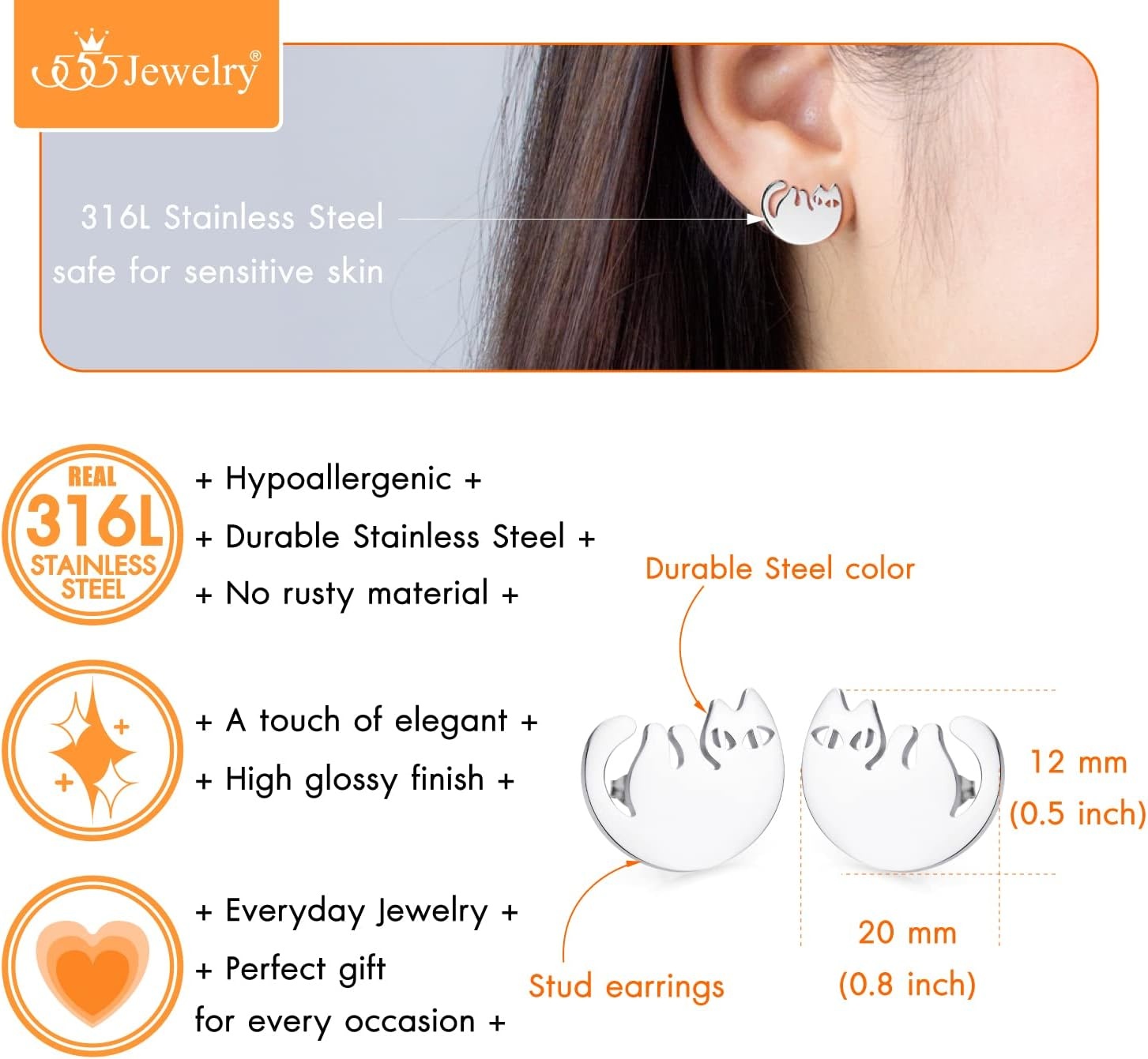 image:image555Jewelry Stainless Steel Cute Hanging Cat Earrings Dangling Drop Cat Jewelry for WomenSilver Style 3