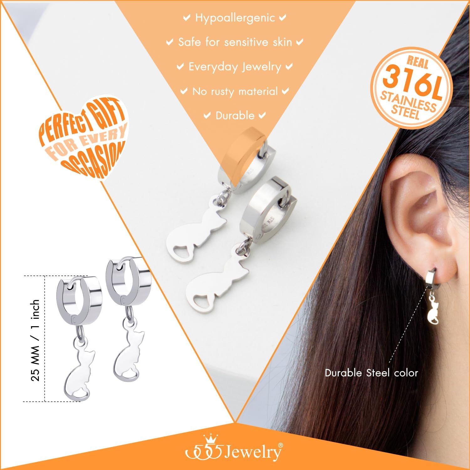 image:image555Jewelry Stainless Steel Cute Hanging Cat Earrings Dangling Drop Cat Jewelry for WomenSilver Style 4
