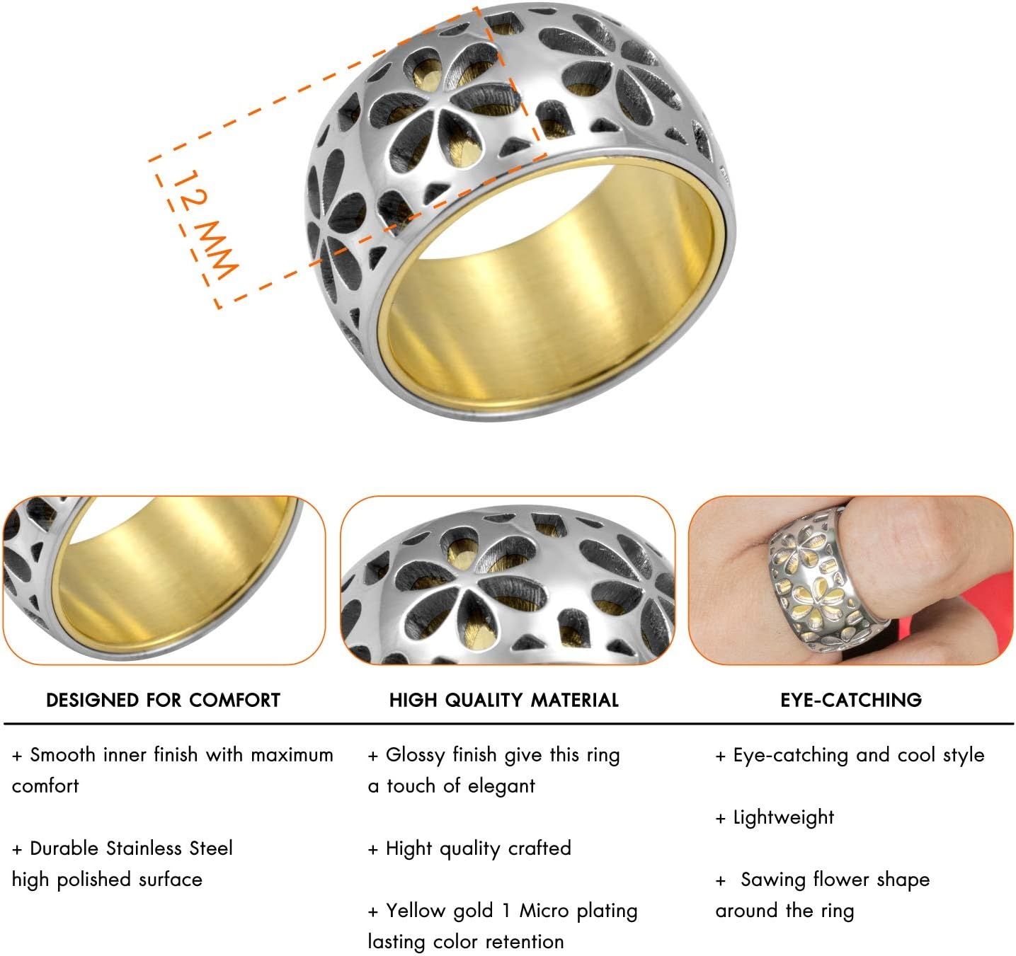 image:image555Jewelry Stainless Steel Daisy Flowers Full Bloom Memorable Band RingYellow Gold
