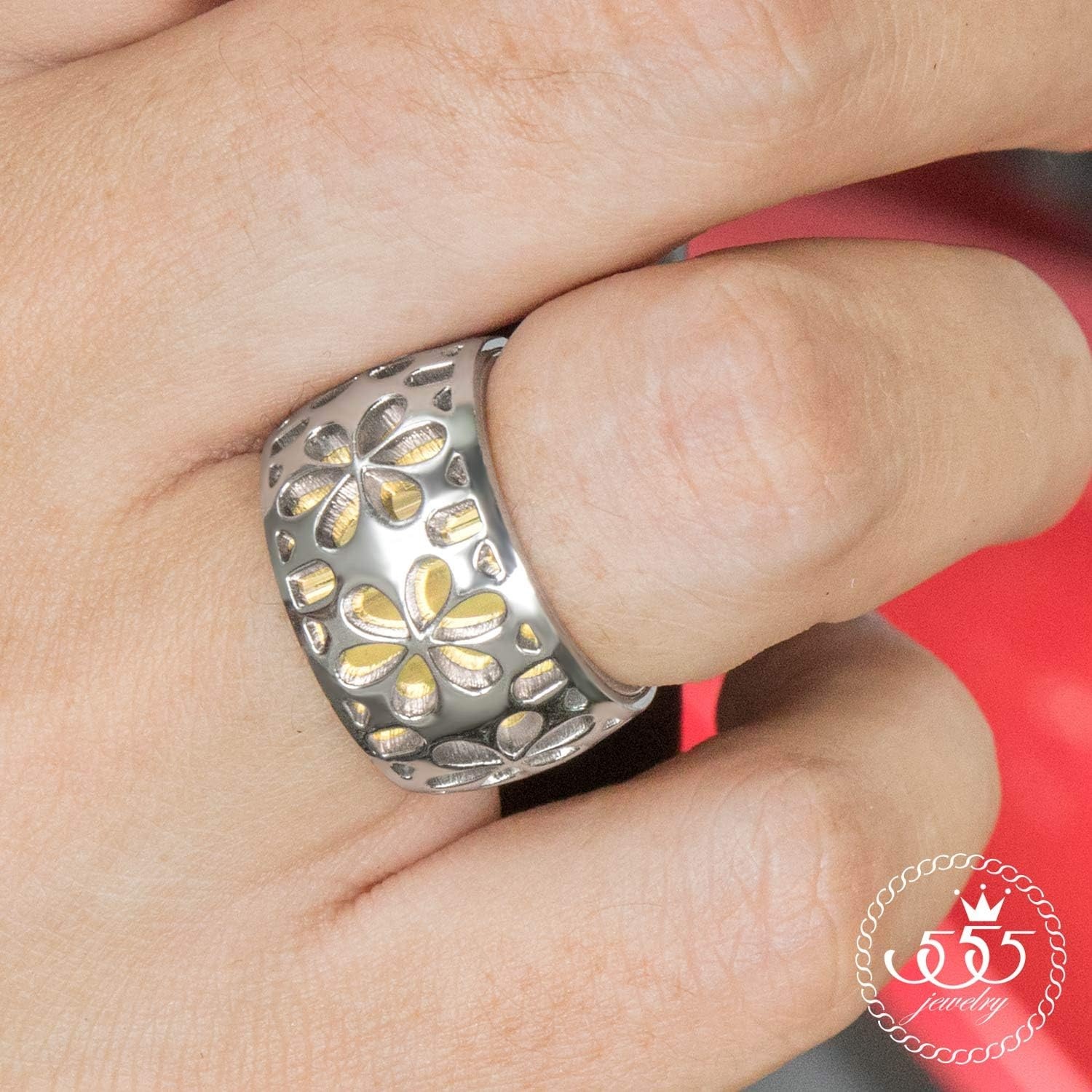 image:image555Jewelry Stainless Steel Daisy Flowers Full Bloom Memorable Band RingYellow Gold
