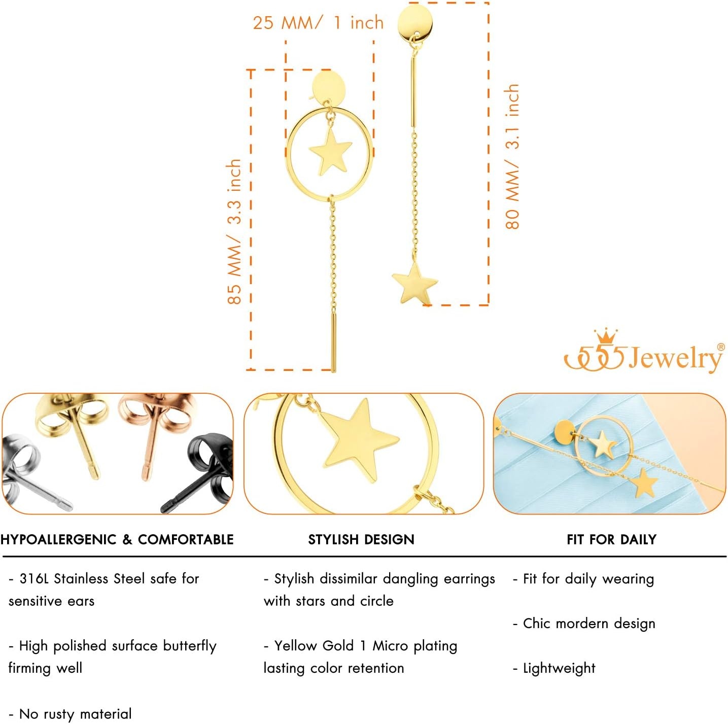 image:image555Jewelry Stainless Steel Dangle Drop Star Tassel Earrings for Women amp LadiesGold