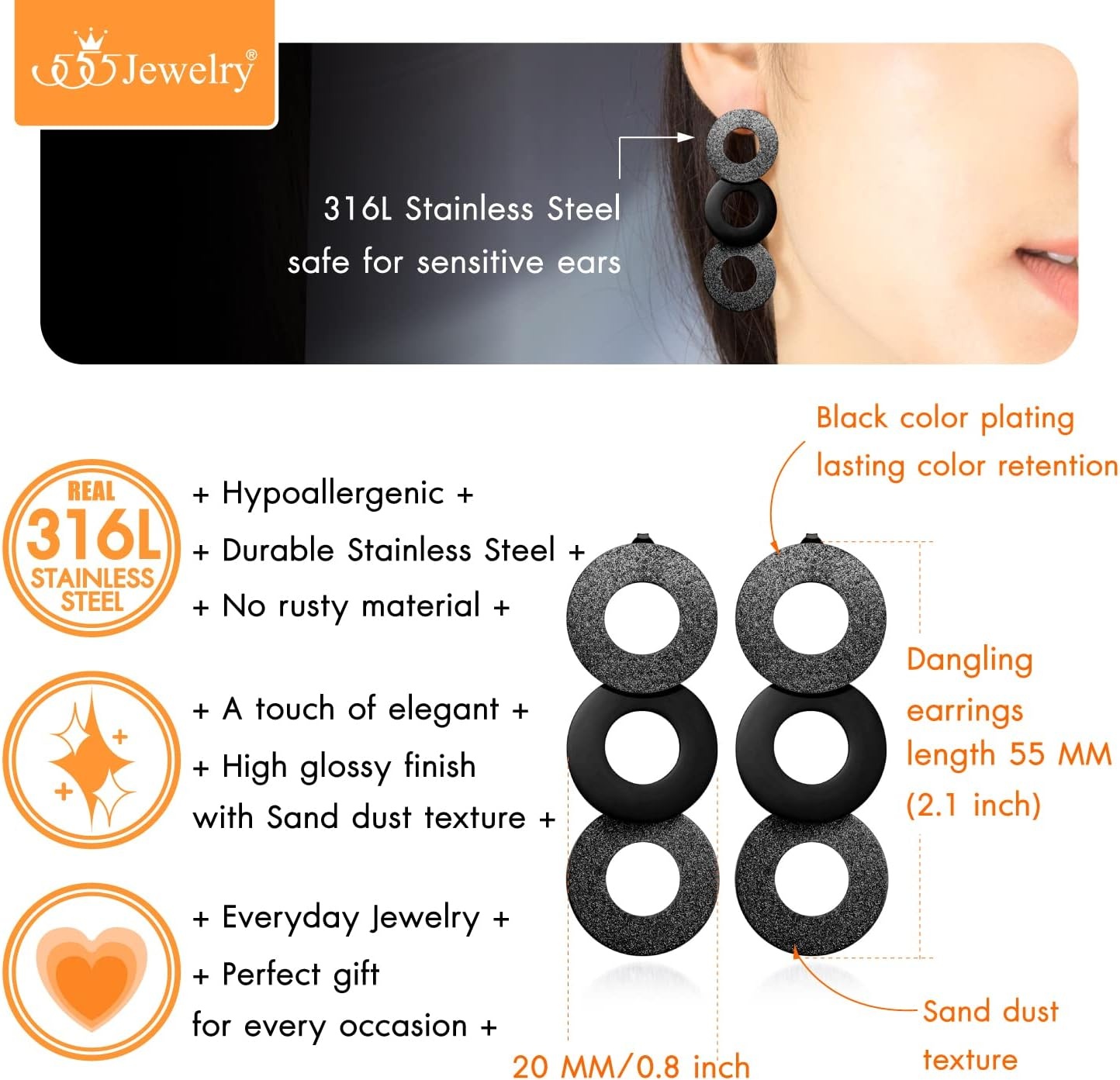 image:image555Jewelry Stainless Steel Dangle Round Hollow Disc Statement Earrings for WomenBlack