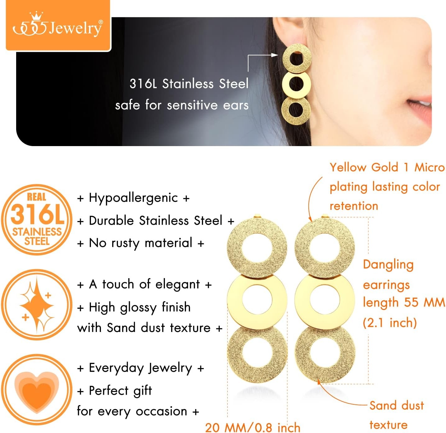 image:image555Jewelry Stainless Steel Dangle Round Hollow Disc Statement Earrings for WomenGold