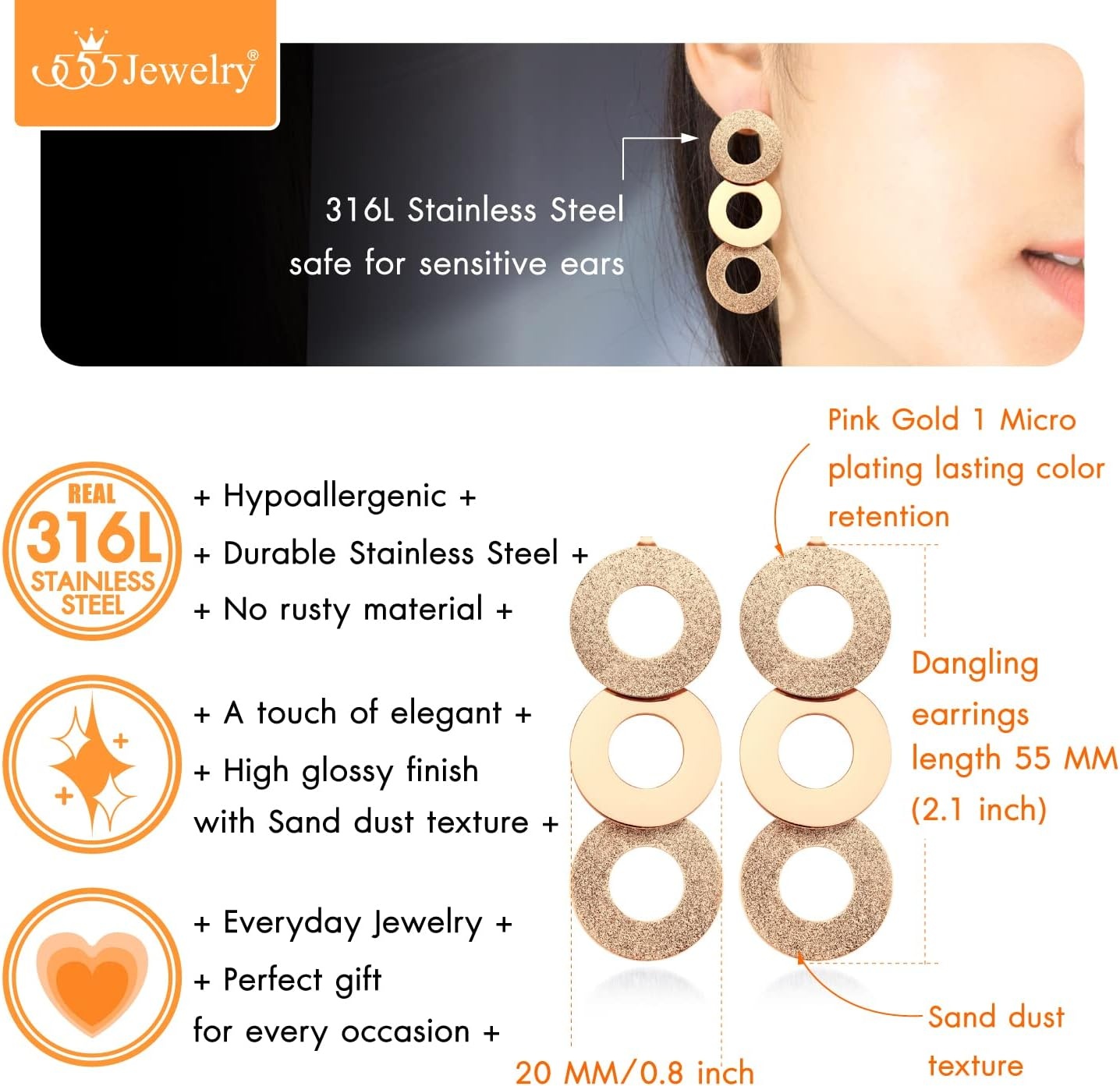 image:image555Jewelry Stainless Steel Dangle Round Hollow Disc Statement Earrings for WomenRose Gold