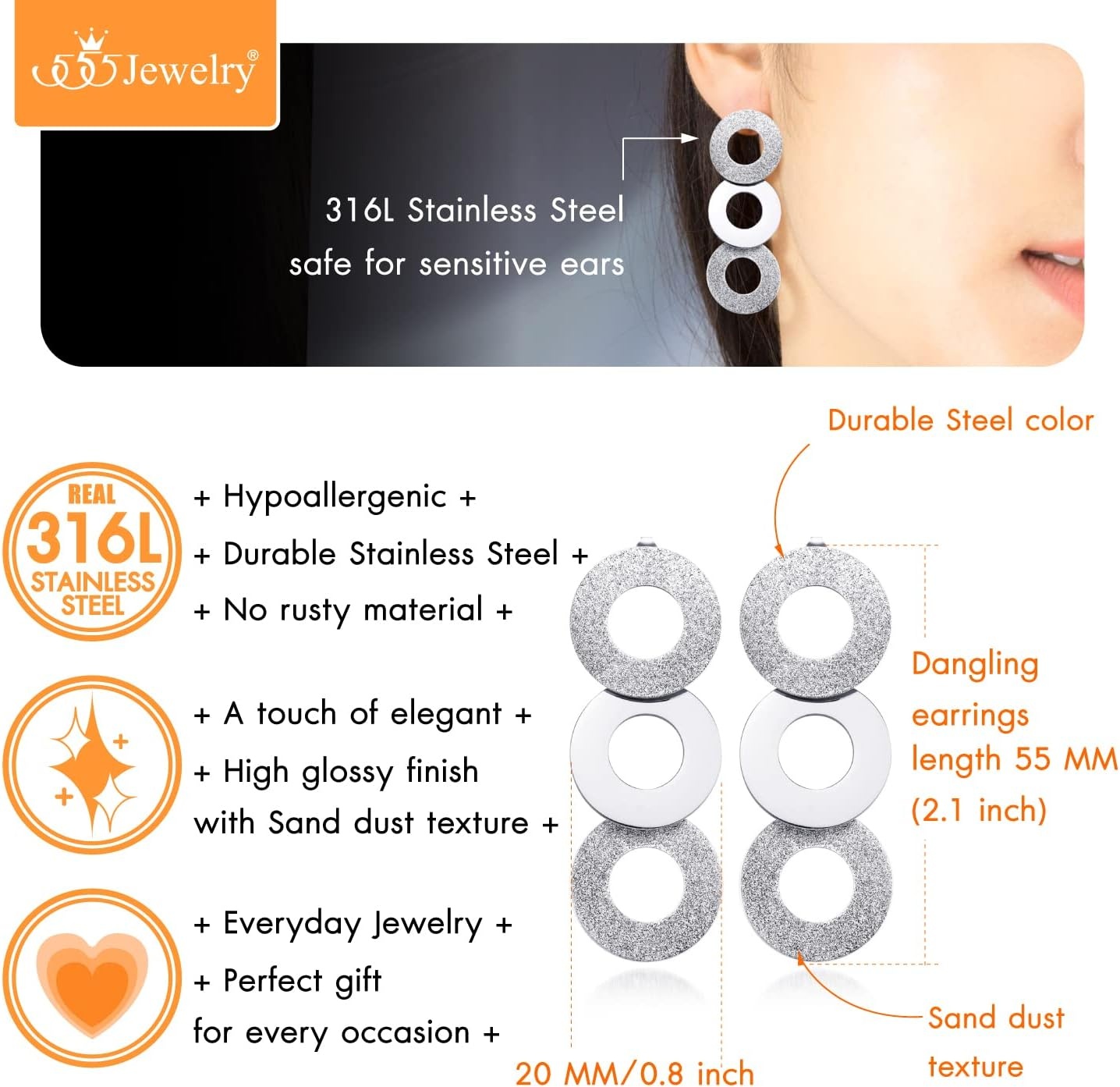 image:image555Jewelry Stainless Steel Dangle Round Hollow Disc Statement Earrings for WomenSilver