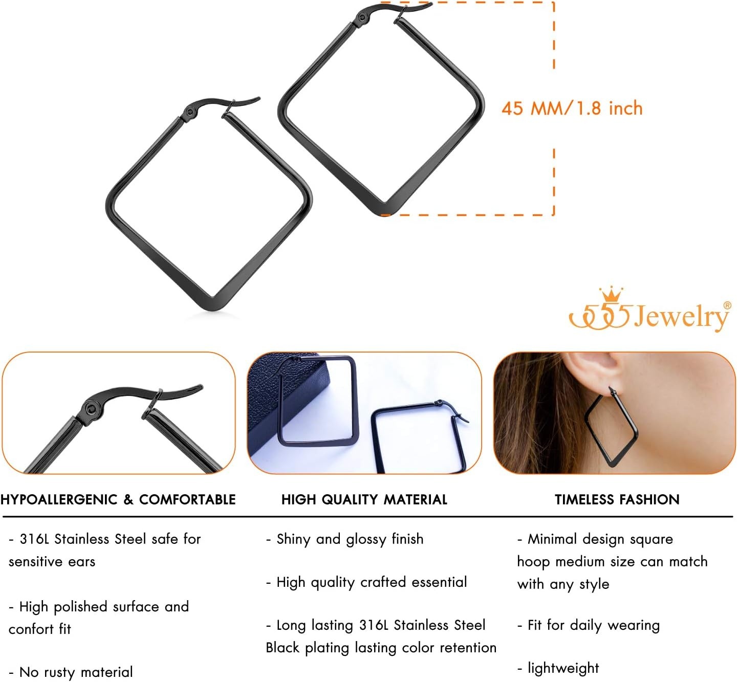 image:image555Jewelry Stainless Steel Geometric Large Square Hoop Statement Earrings for WomenBlack
