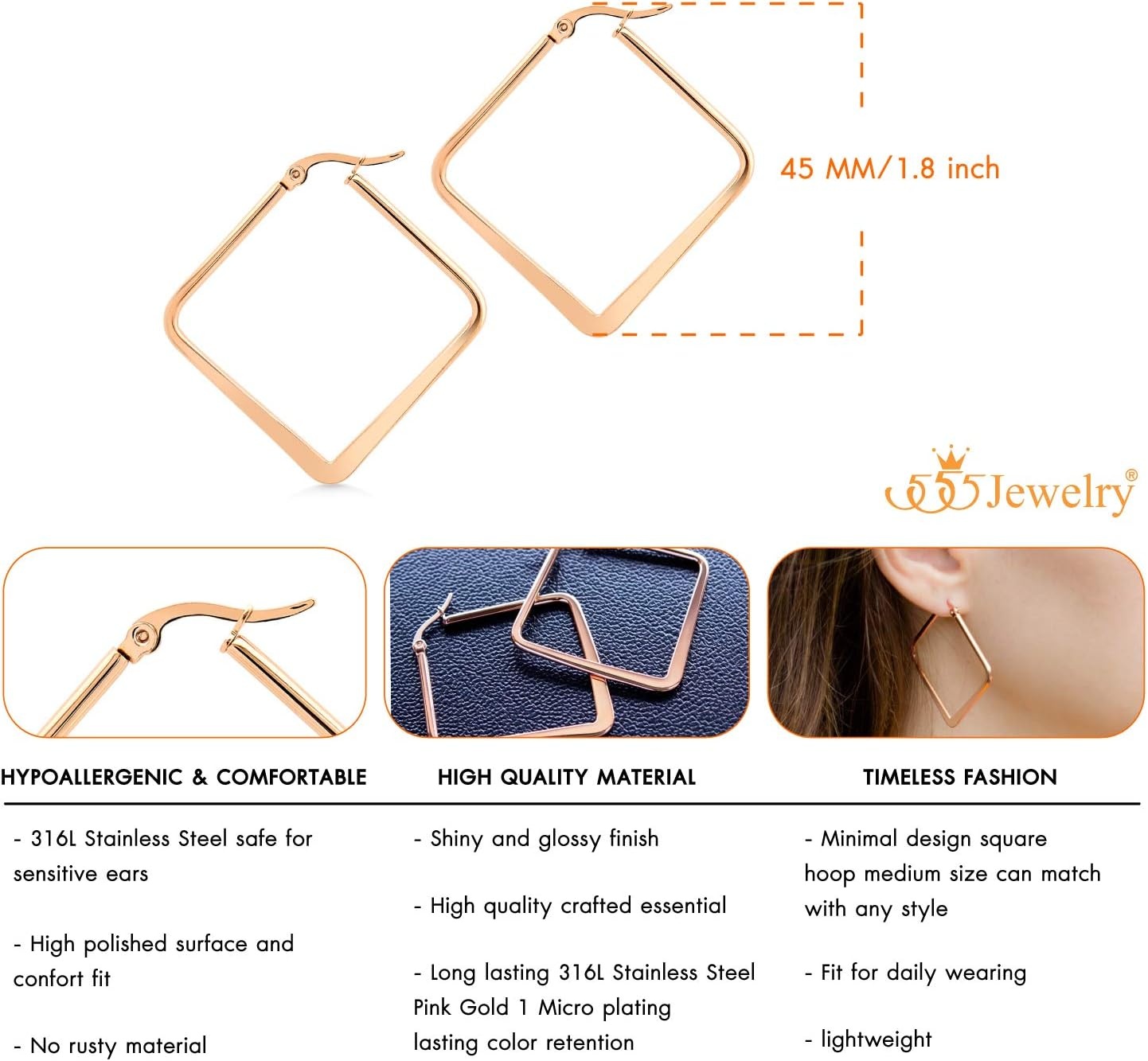 image:image555Jewelry Stainless Steel Geometric Large Square Hoop Statement Earrings for WomenRose Gold