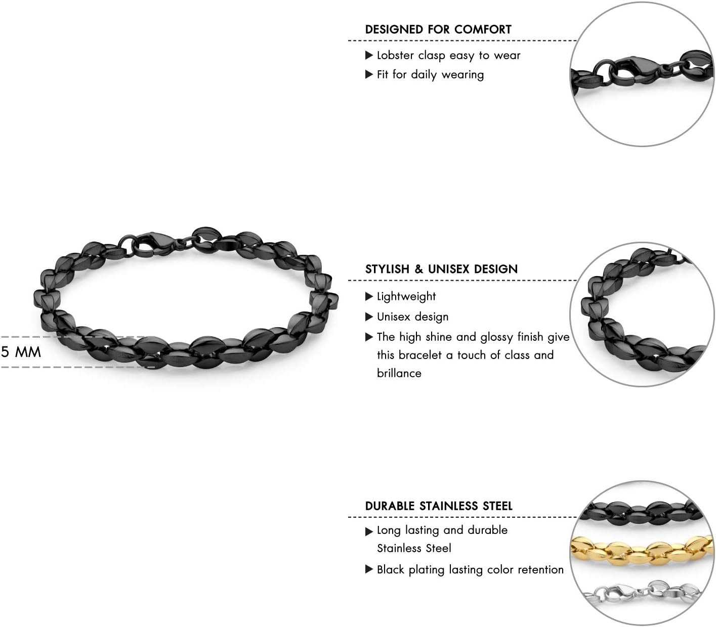 image:image555Jewelry Stainless Steel Hollow Coffee Bean Unisex Link Chain Bangle BraceletBlack