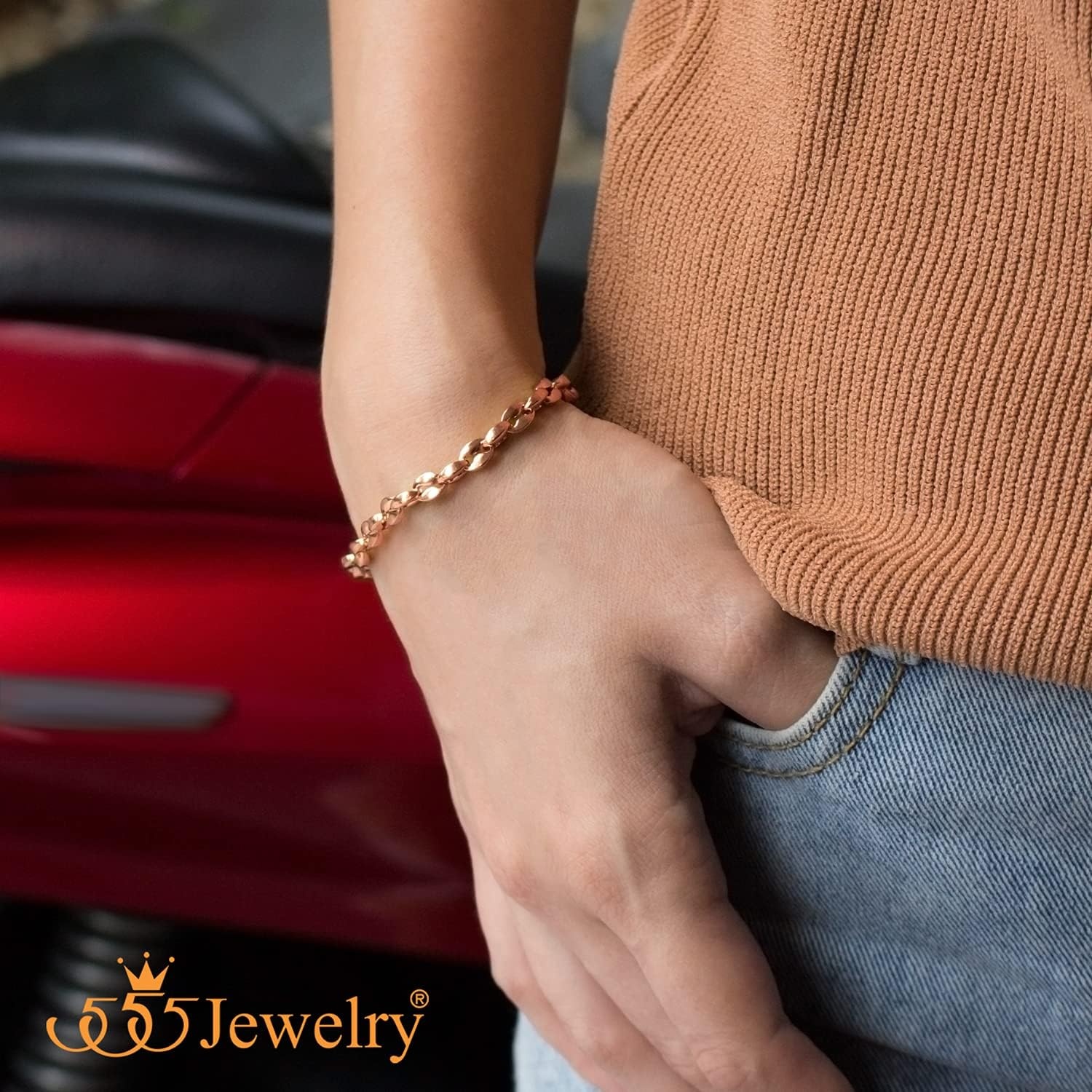 image:image555Jewelry Stainless Steel Hollow Coffee Bean Unisex Link Chain Bangle BraceletRose Gold