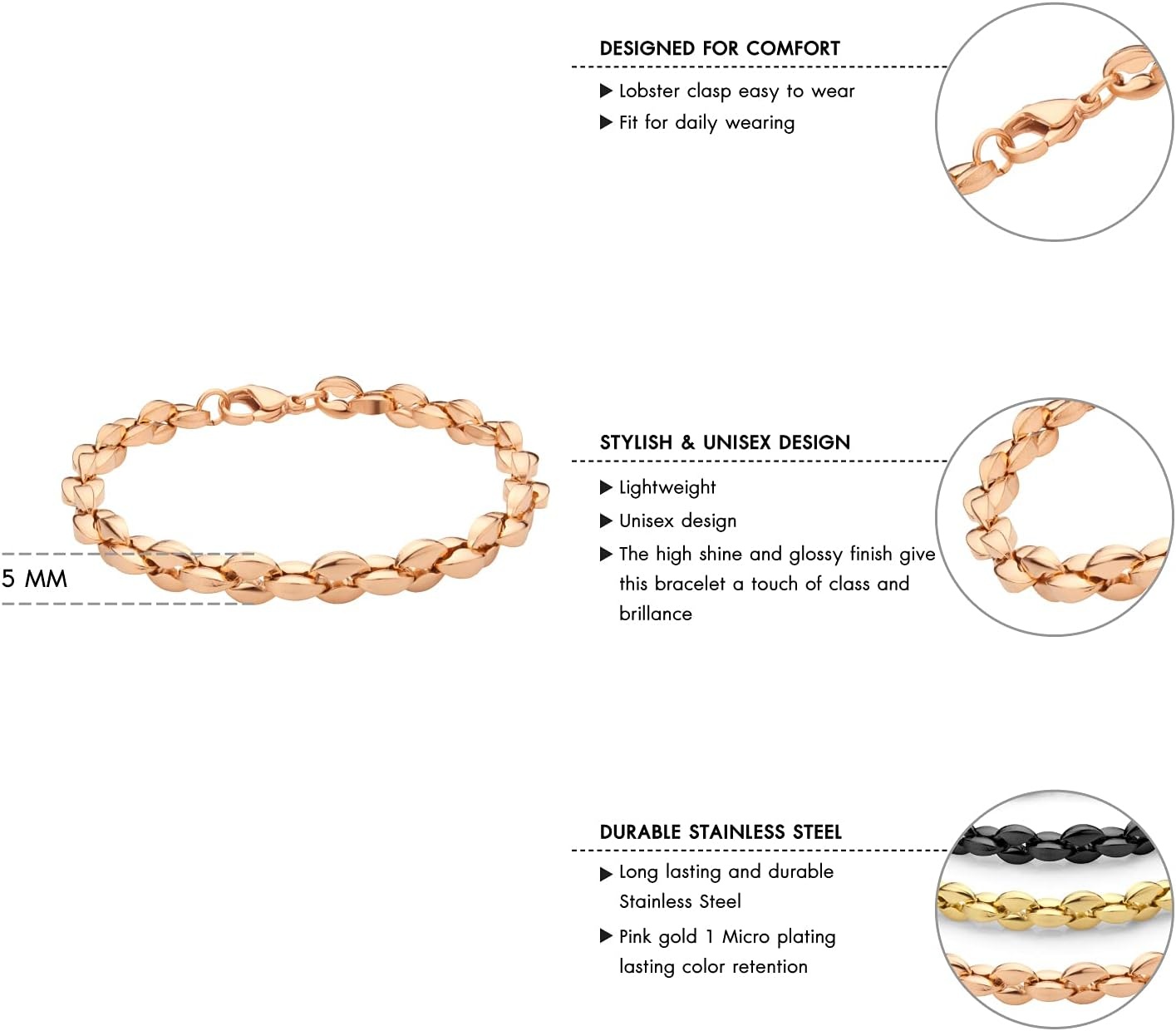 image:image555Jewelry Stainless Steel Hollow Coffee Bean Unisex Link Chain Bangle BraceletRose Gold