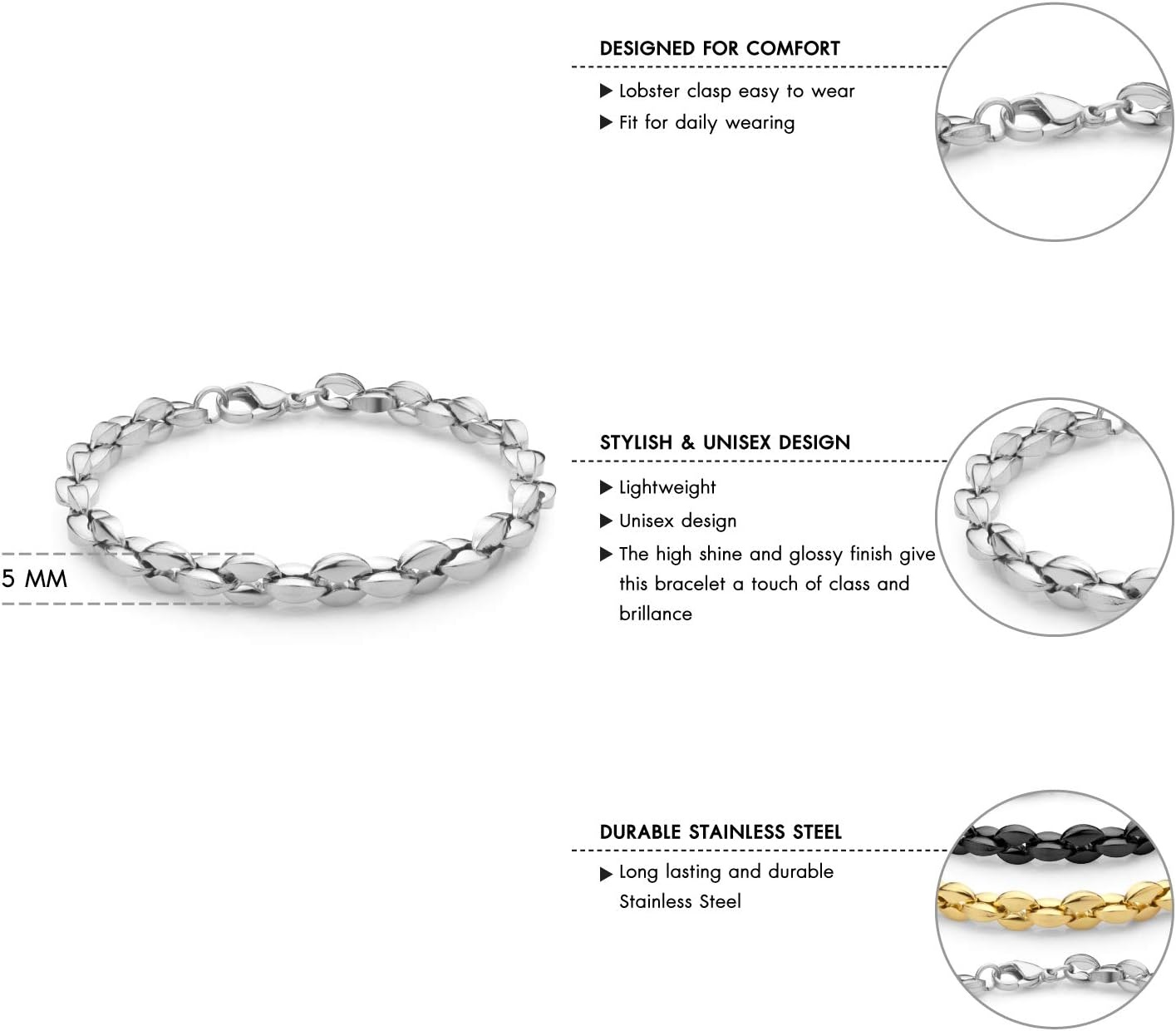 image:image555Jewelry Stainless Steel Hollow Coffee Bean Unisex Link Chain Bangle BraceletSilver