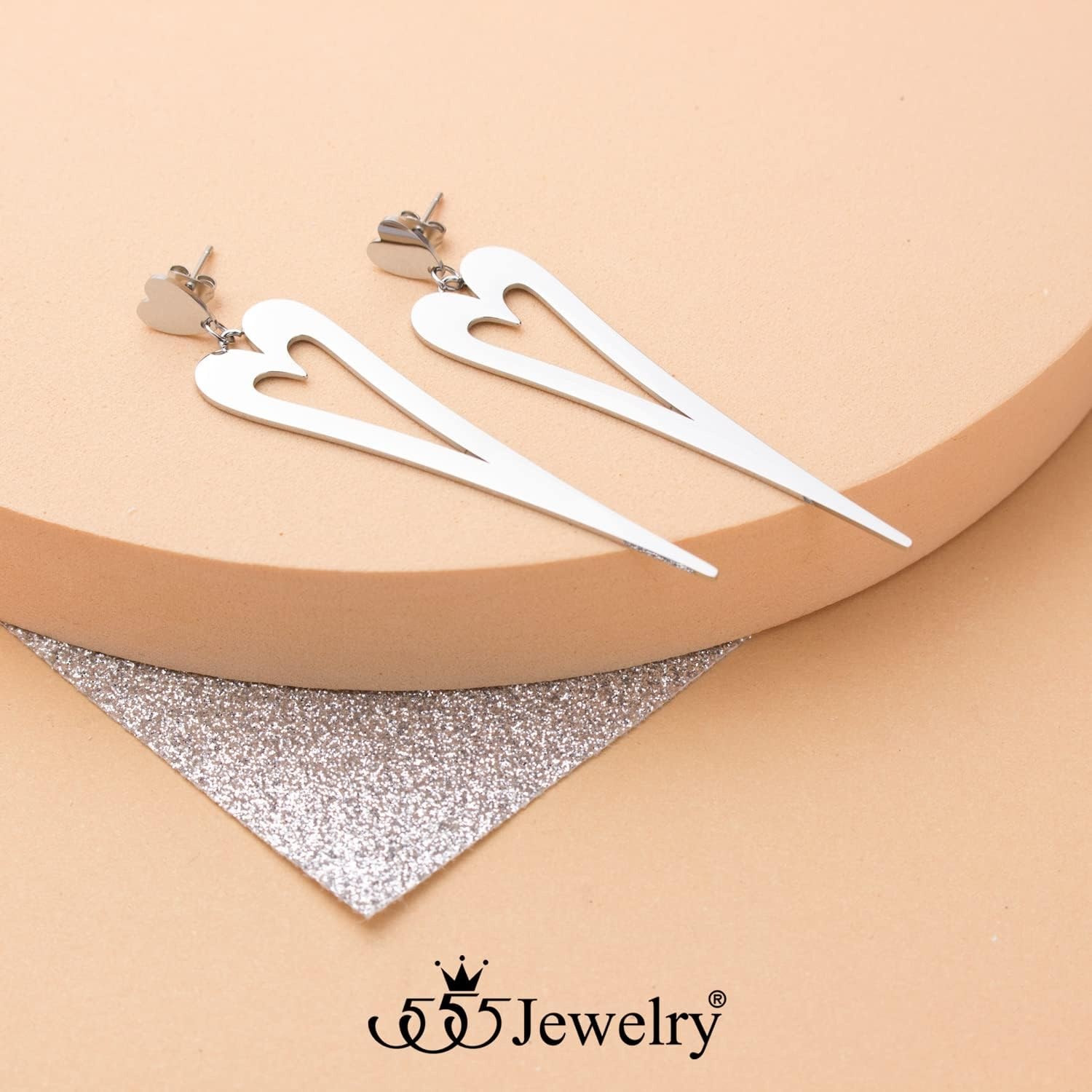 image:image555Jewelry Stainless Steel Long Stretched Dangle Heart Earrings for Women amp LadiesSilver